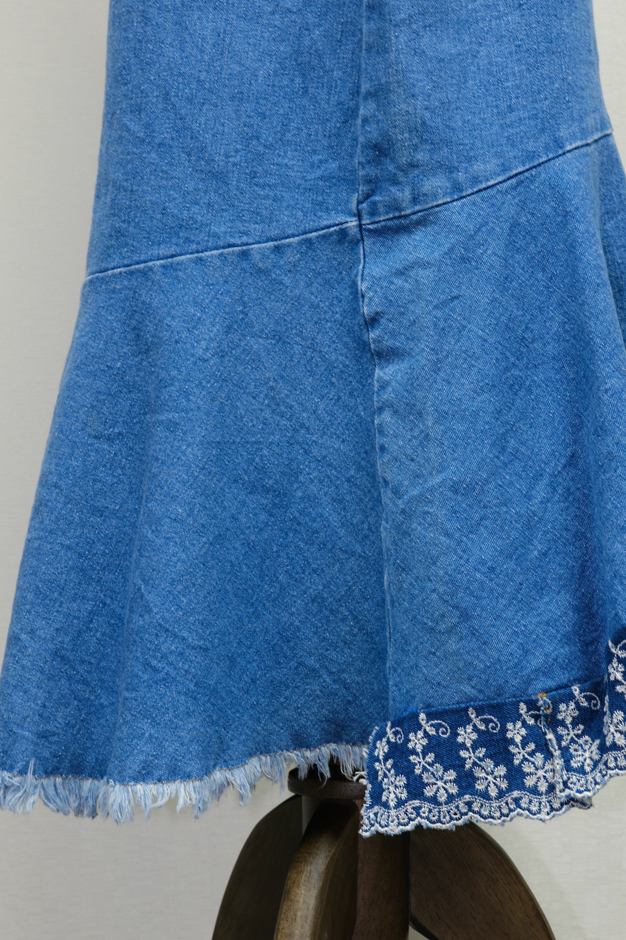 Blue Denim Asymmetrical Skirt with Lace Trim
