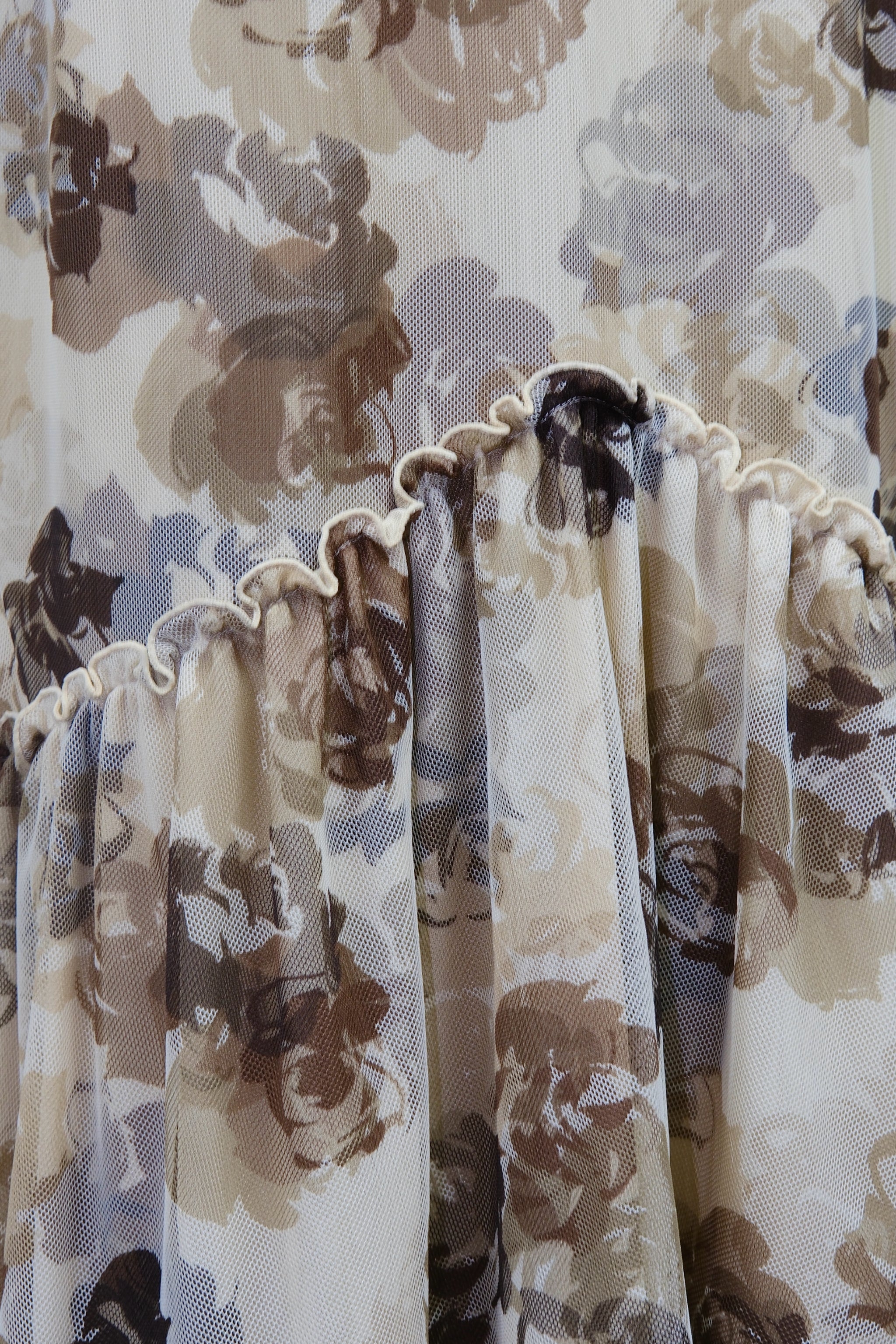 Beige Floral Print Tiered Chiffon Midi Skirt