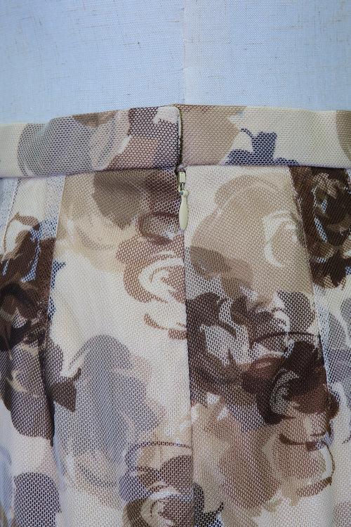 Beige Floral Print Tiered Chiffon Midi Skirt