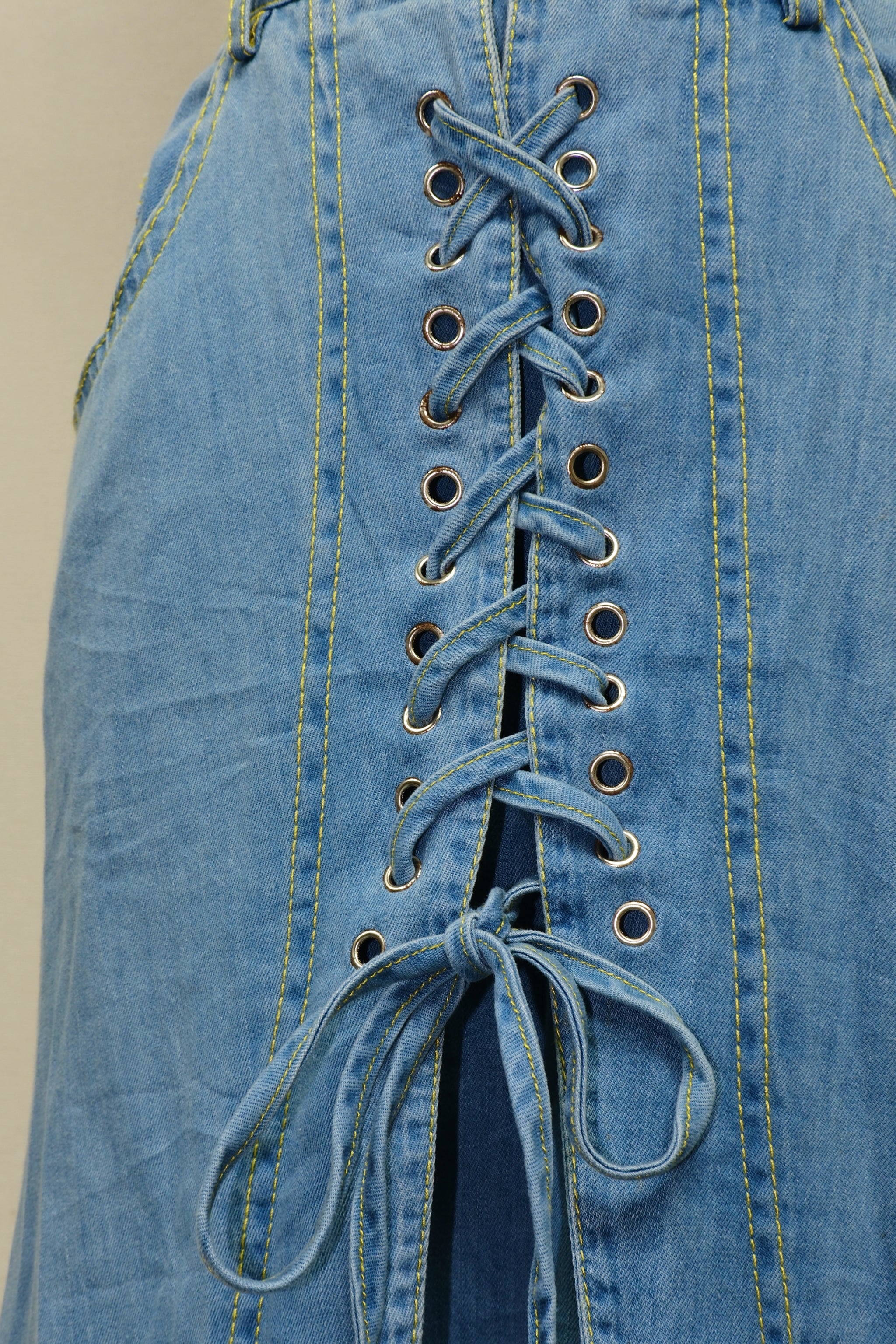 Light Blue Denim Lace-Up Front Maxi Skirt
