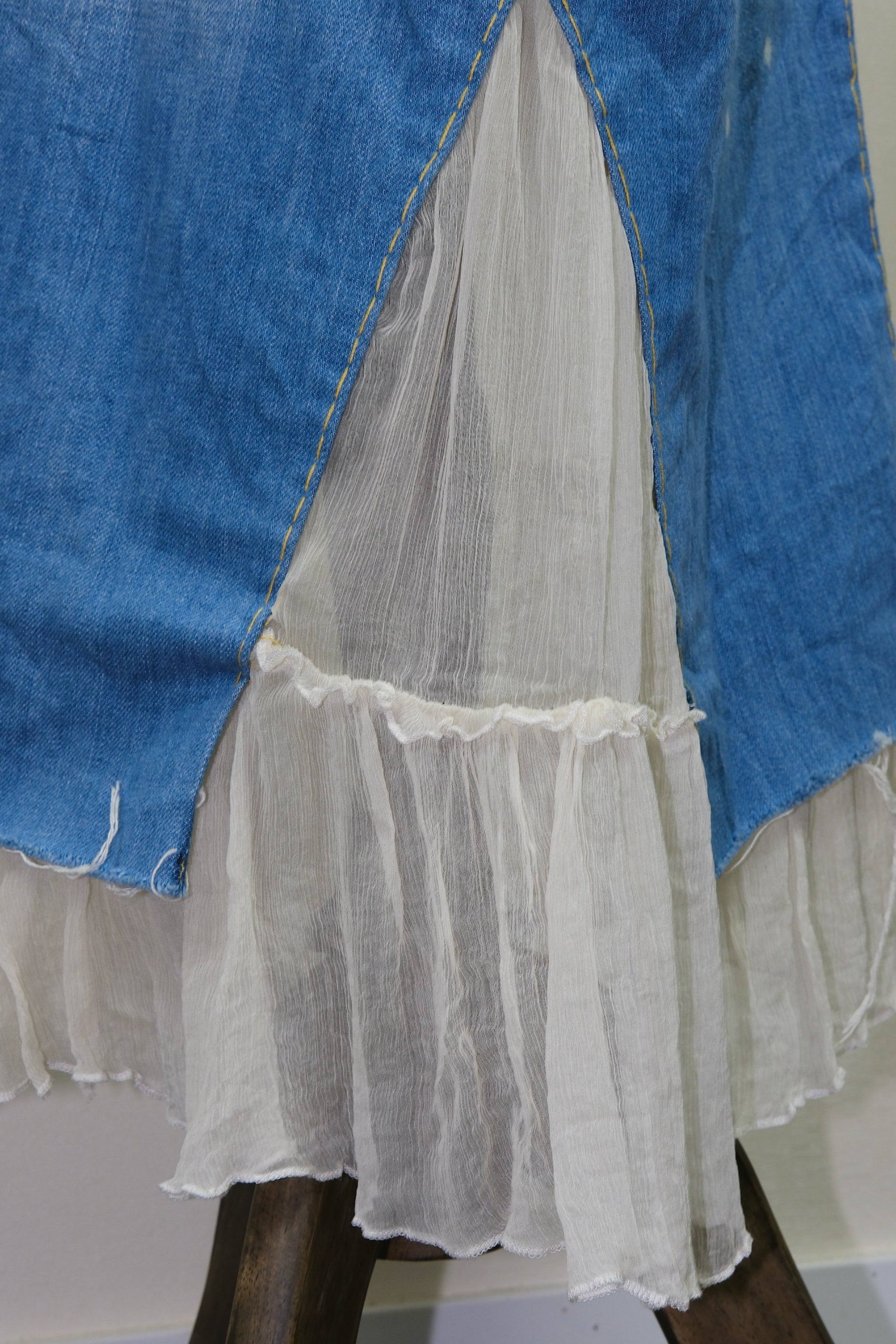 Blue Denim & Tulle Layered Distressed Skirt