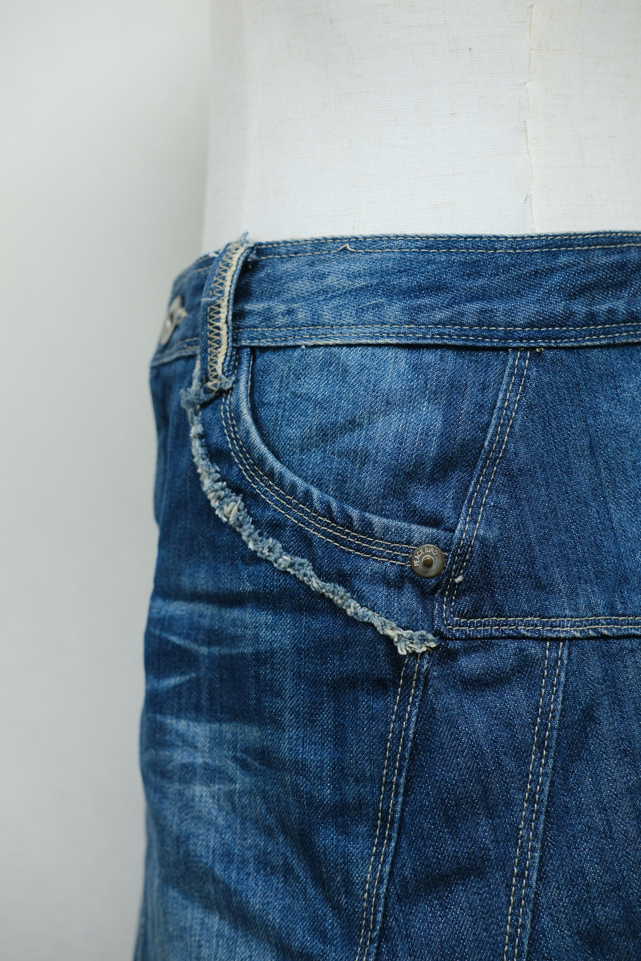 Medium Wash Denim A-Line Skirt with Frayed Edges