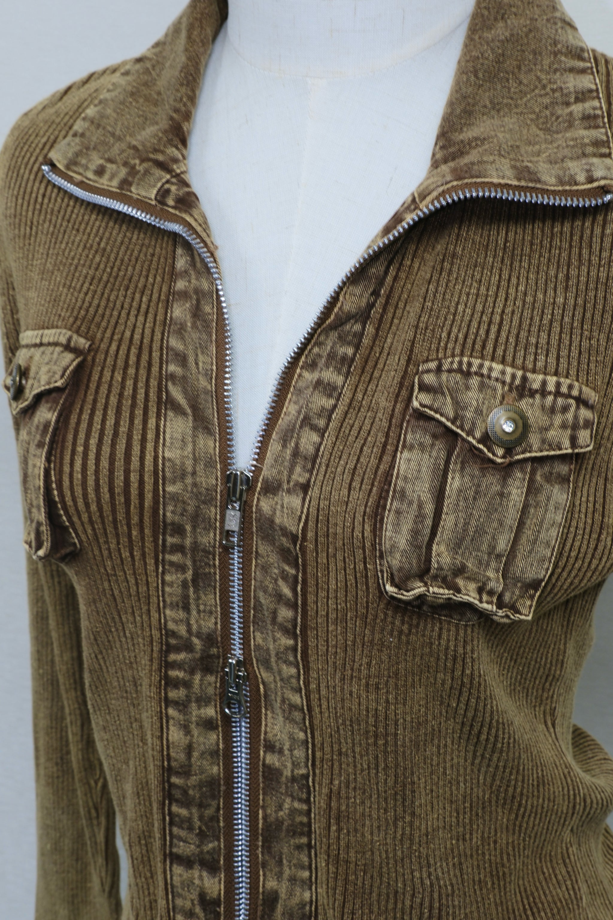 Brown Washed Ribbed Zip-Up Jacket