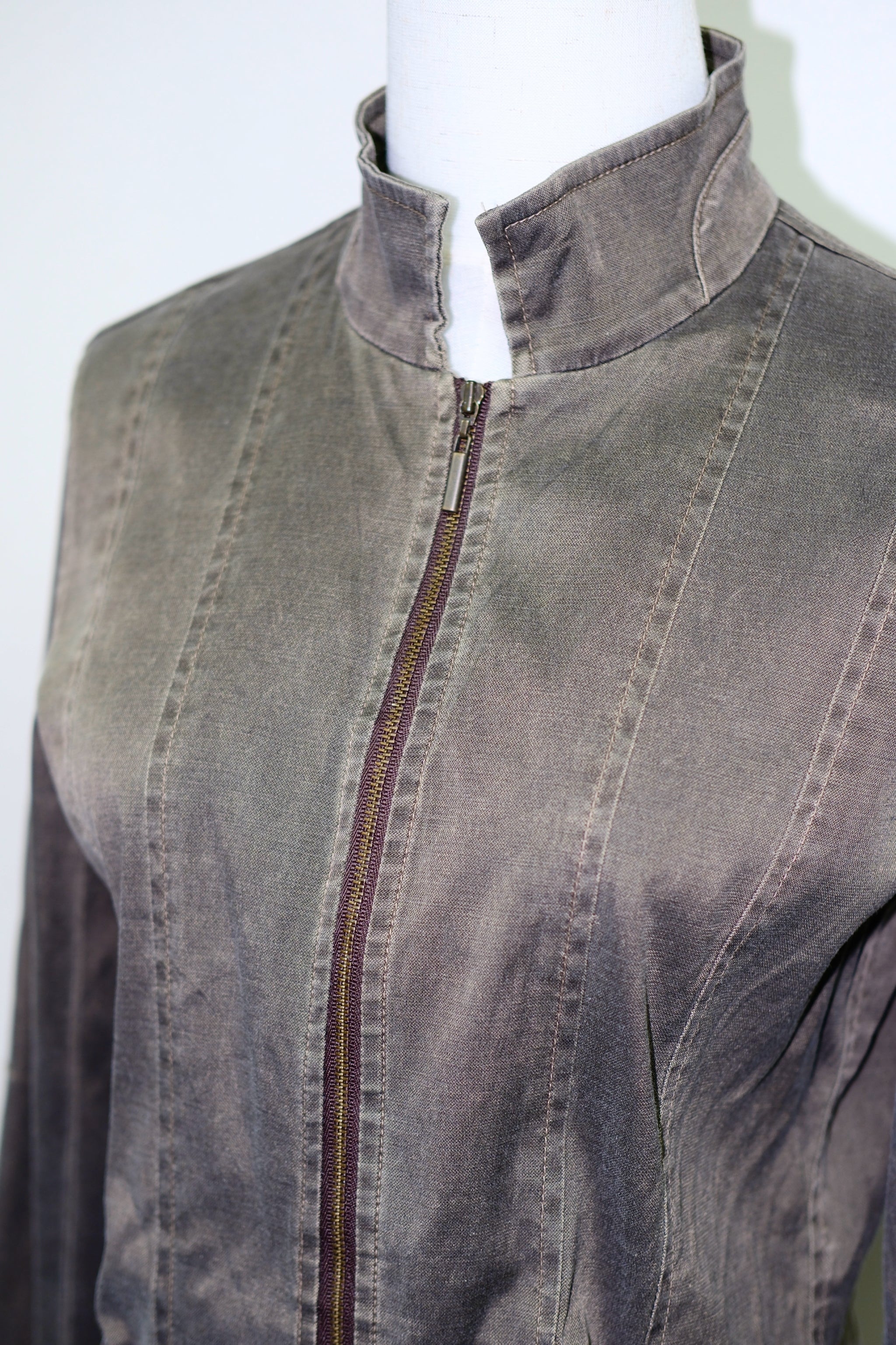 Brown Washed High Collar Zip-Up Jacket