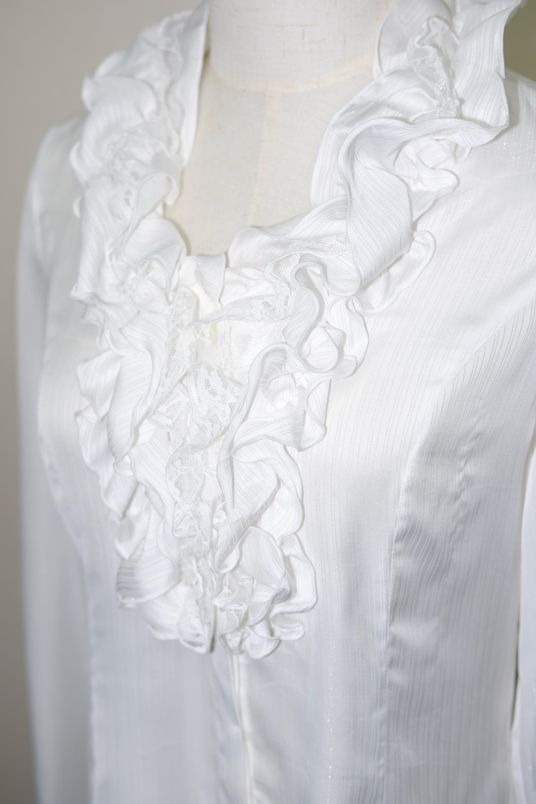 White Ruffle Neck Button-Up Blouse