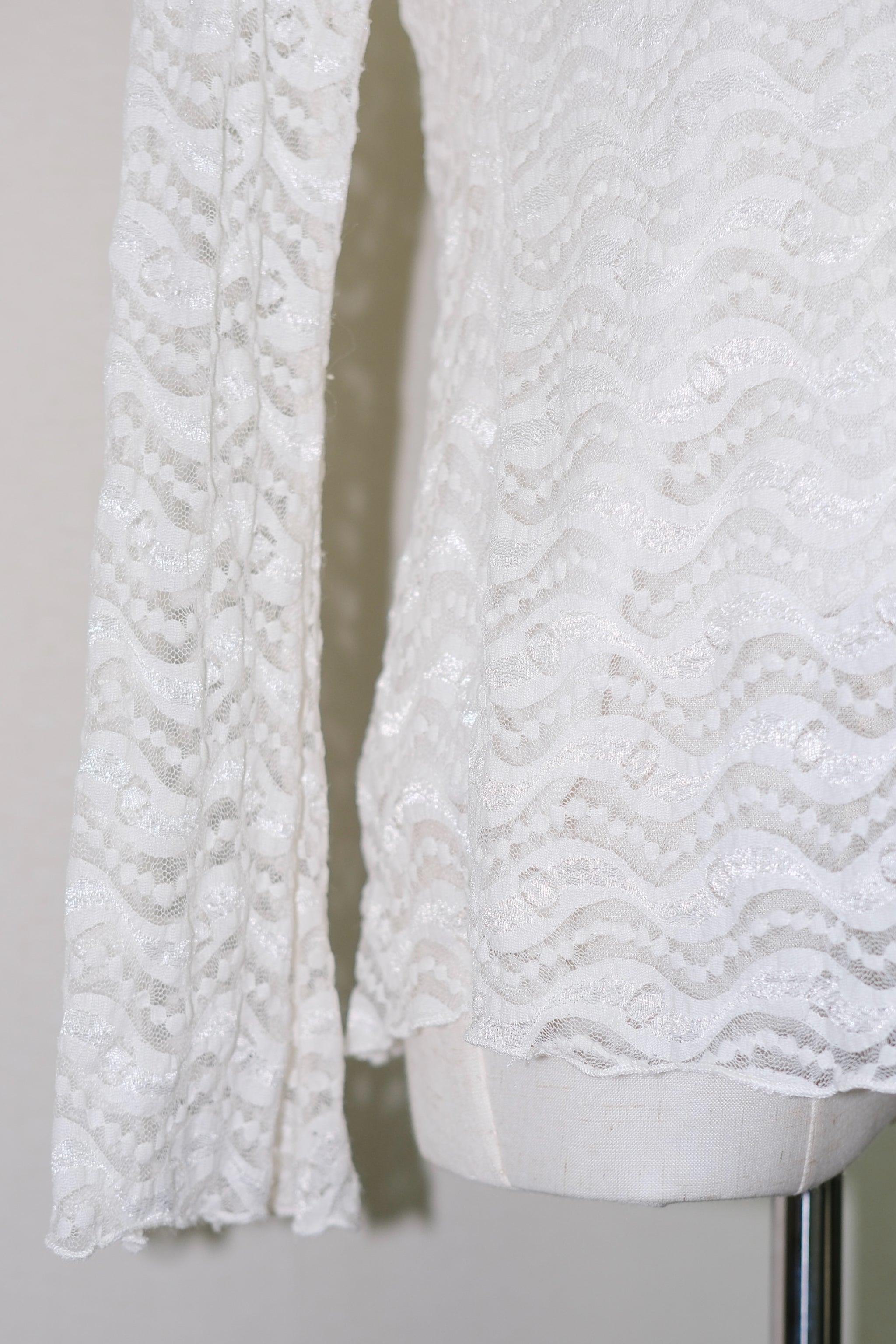 White Lace Sheer Blouse with Neck Bow