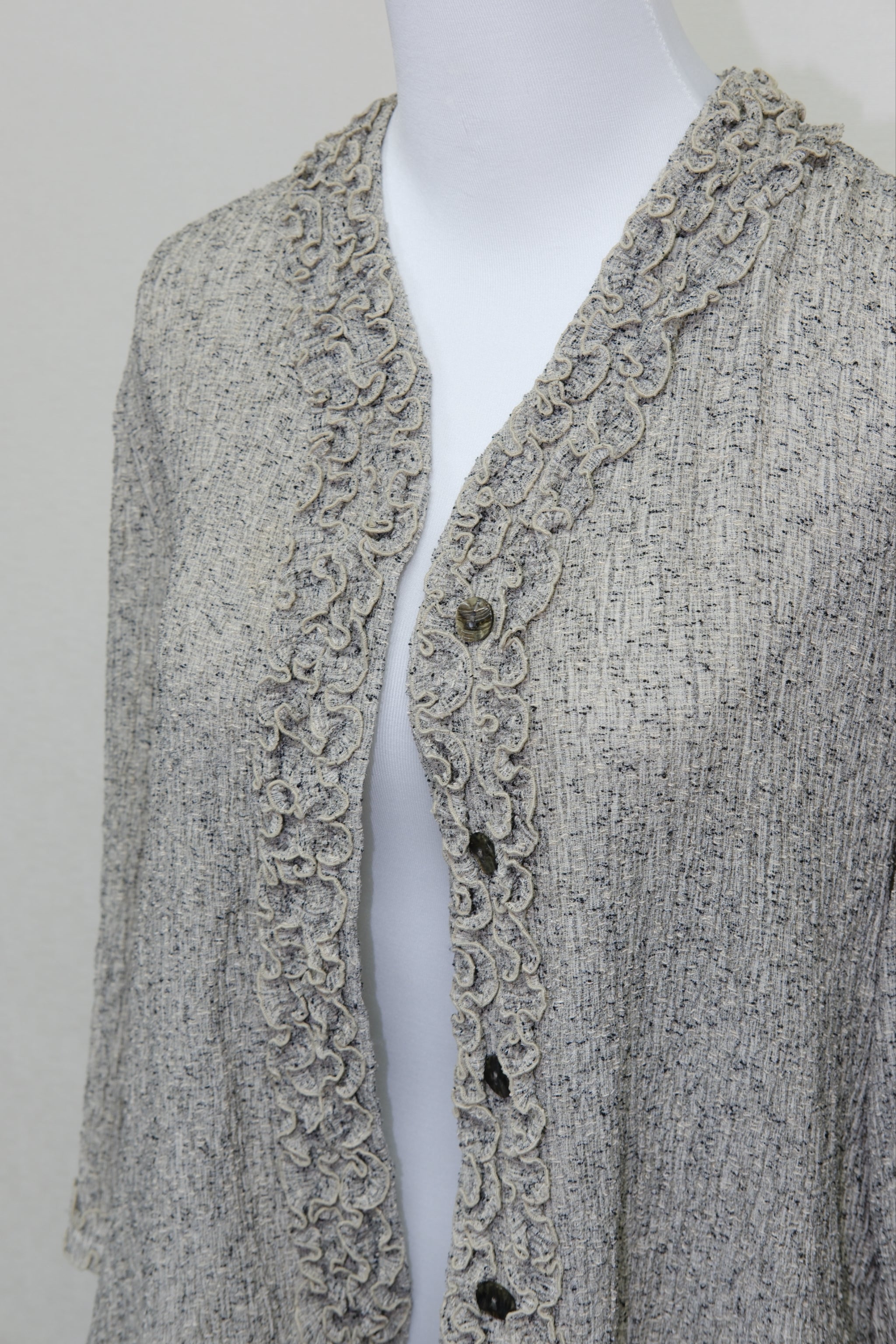 Grey Tweed Ruffle Trim Cardigan