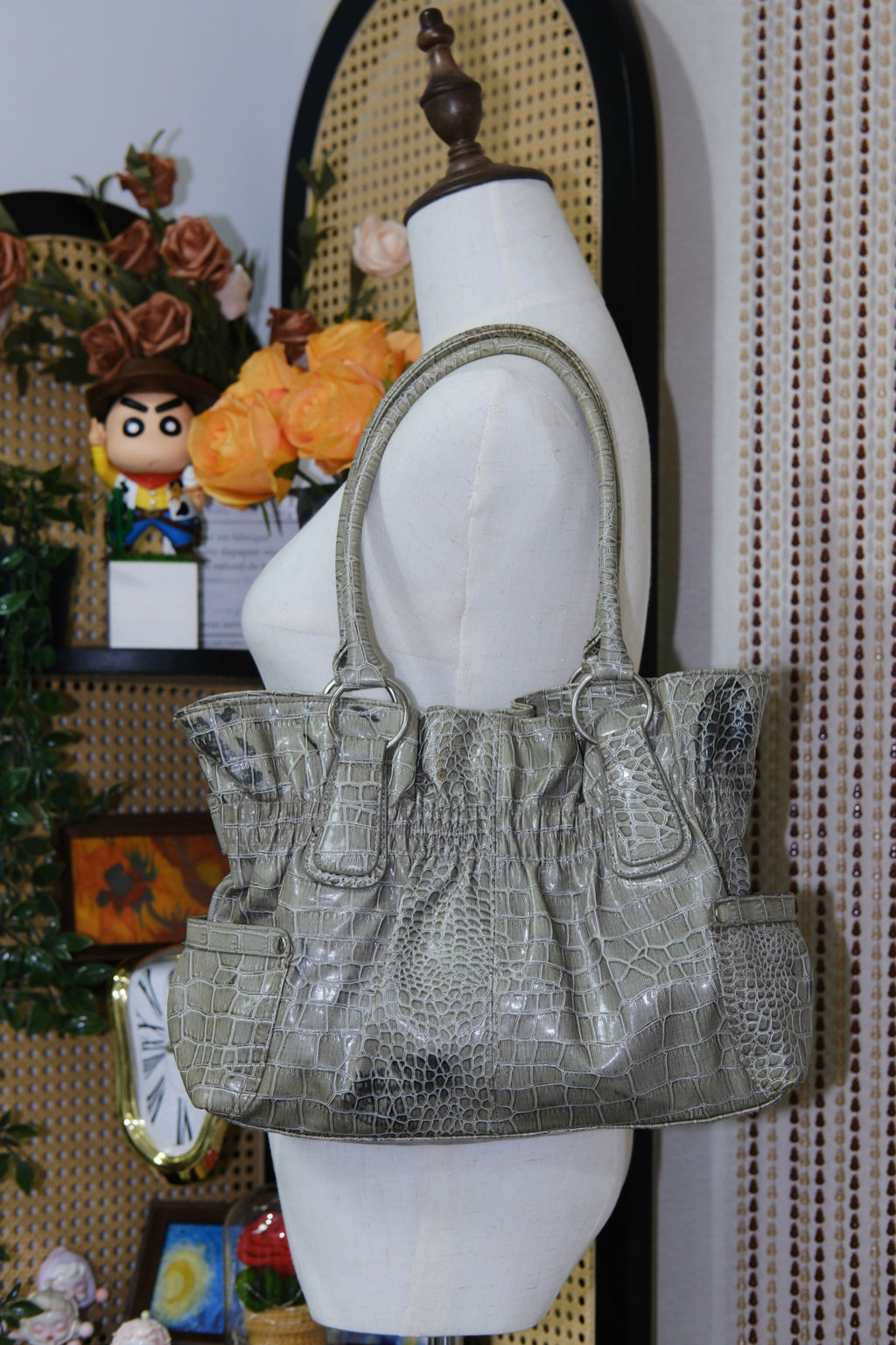 Sage Green Croc-Embossed Patent Leather Shoulder Bag
