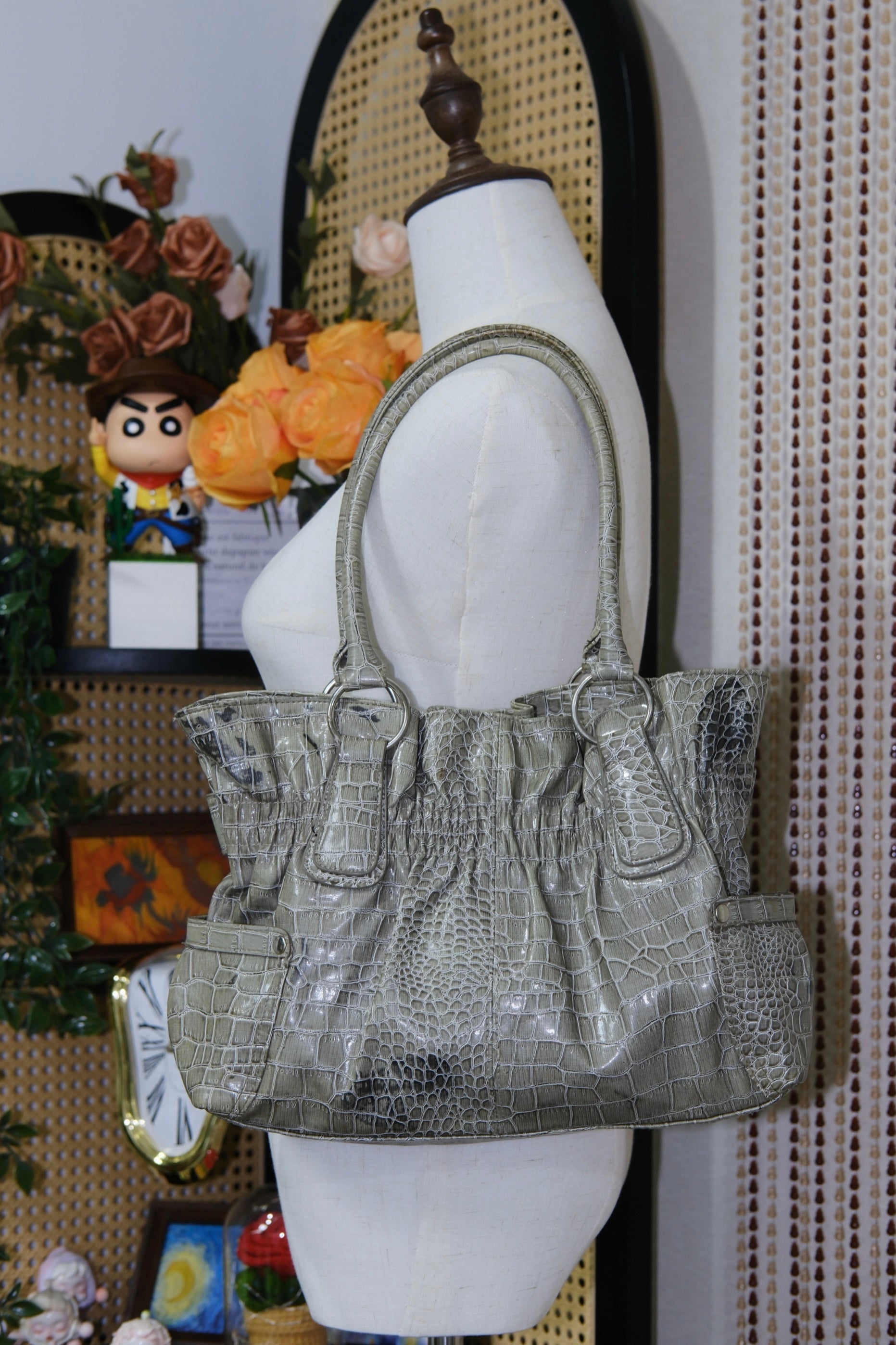 Sage Green Croc-Embossed Patent Leather Shoulder Bag