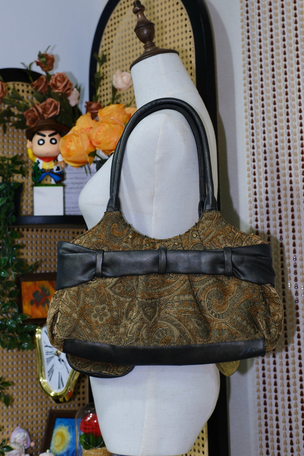 NINE WEST Brown Tapestry & Black Leather Bow Shoulder Bag