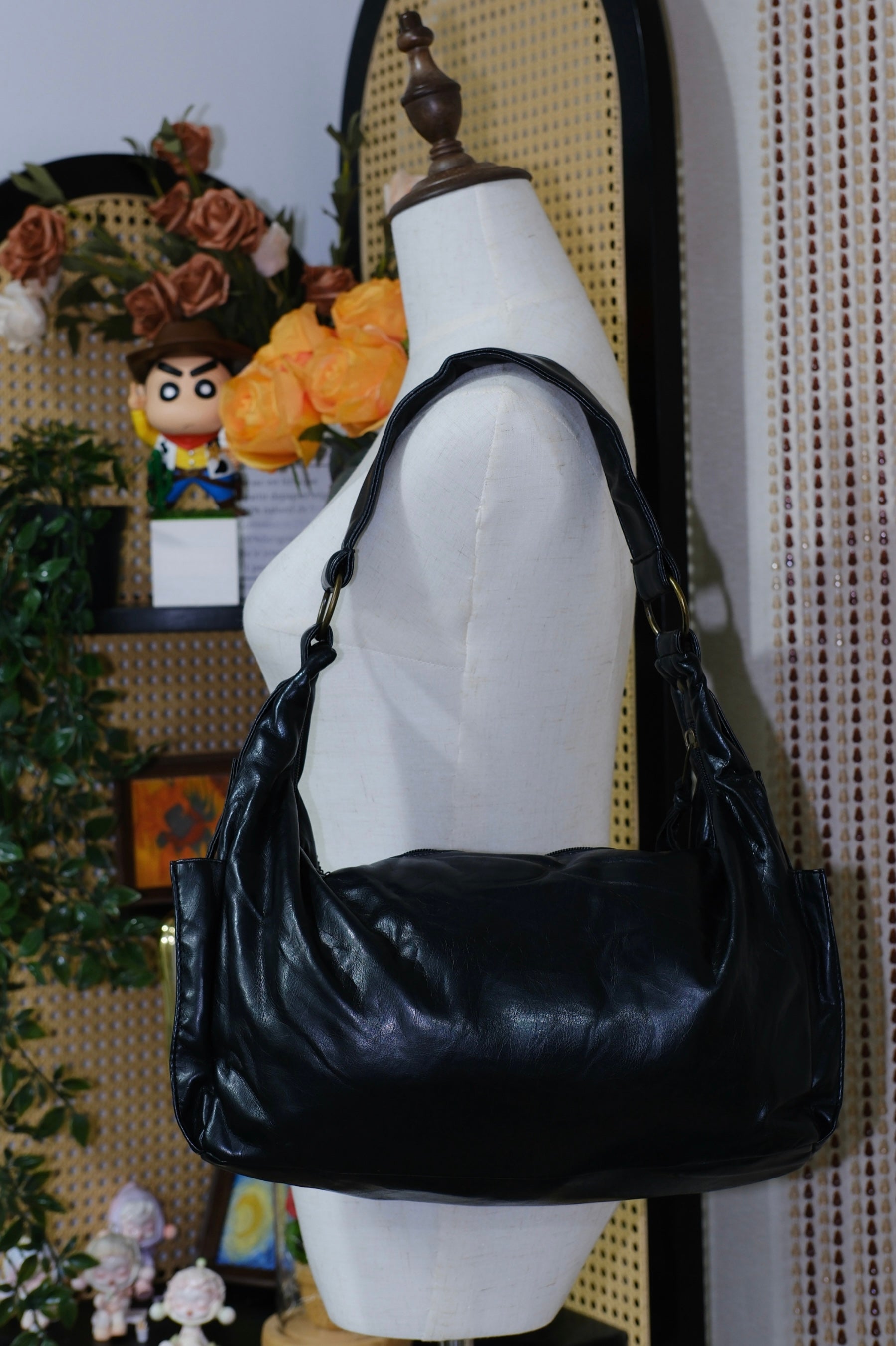 Black Leather Shoulder Bag with Leaf Rhinestone Details