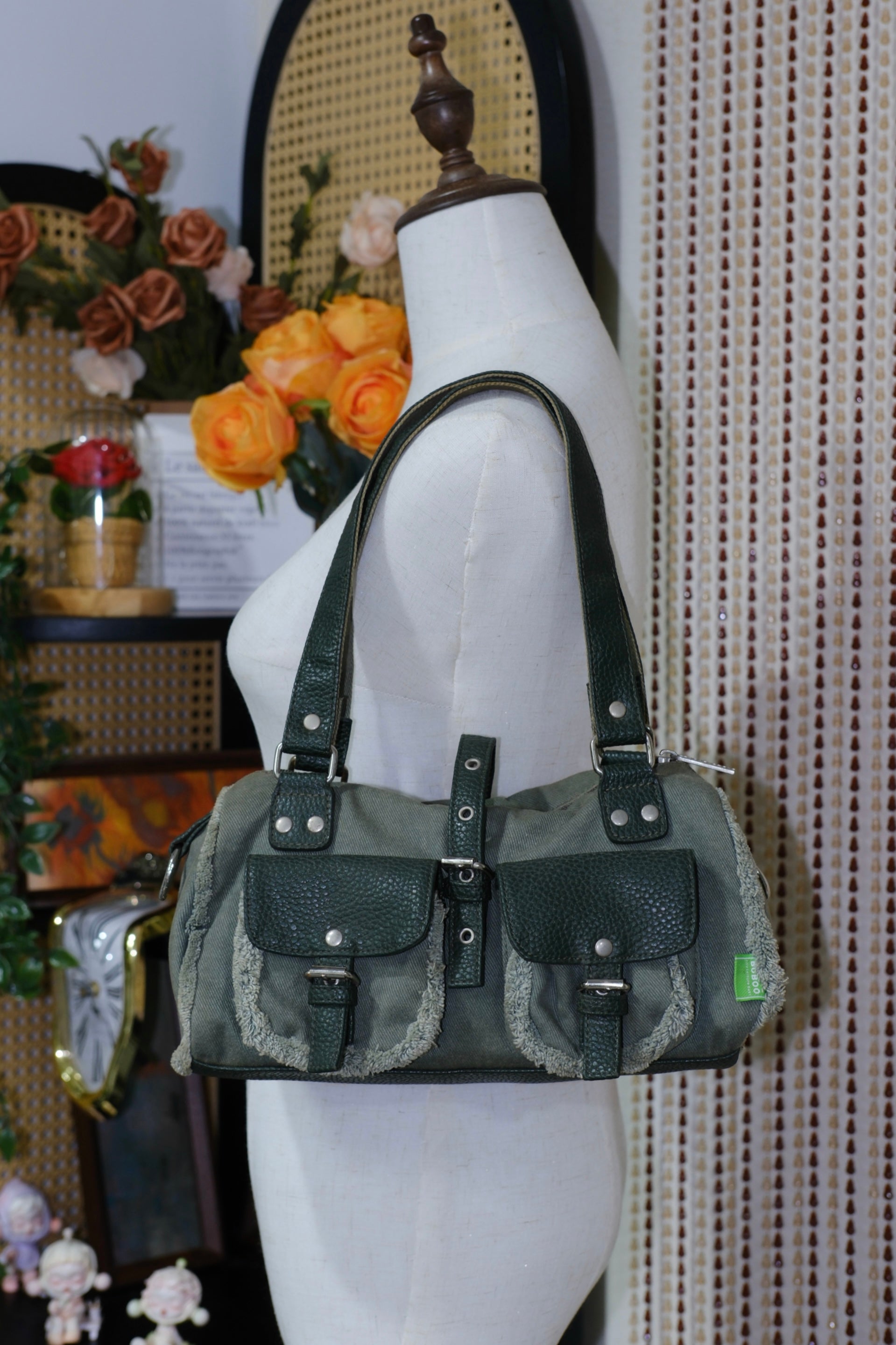 Dark Green Canvas & Leather Multi-Pocket Shoulder Bag
