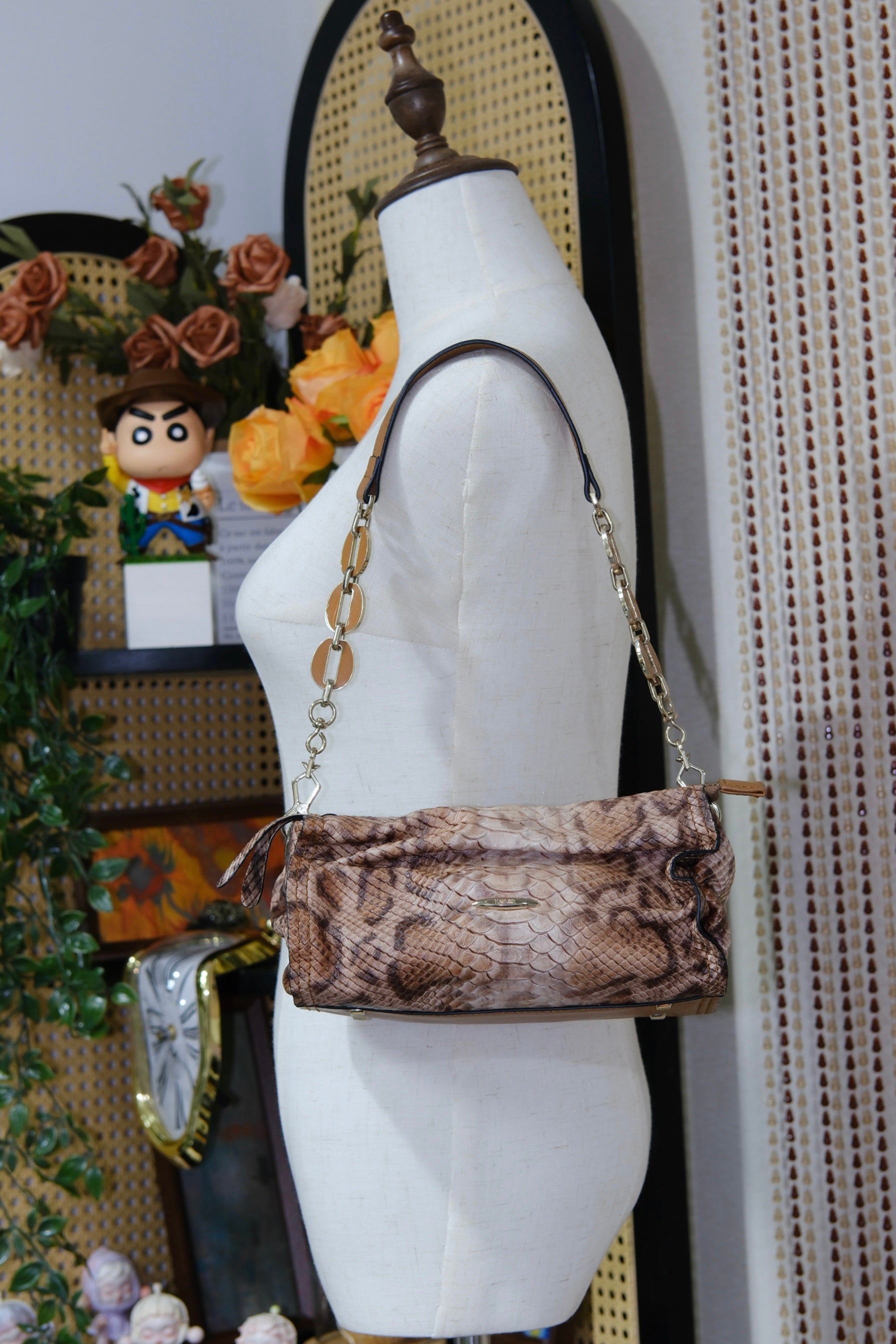 KAISER  Brown Snake-Embossed Leather Chain Strap Shoulder Bag