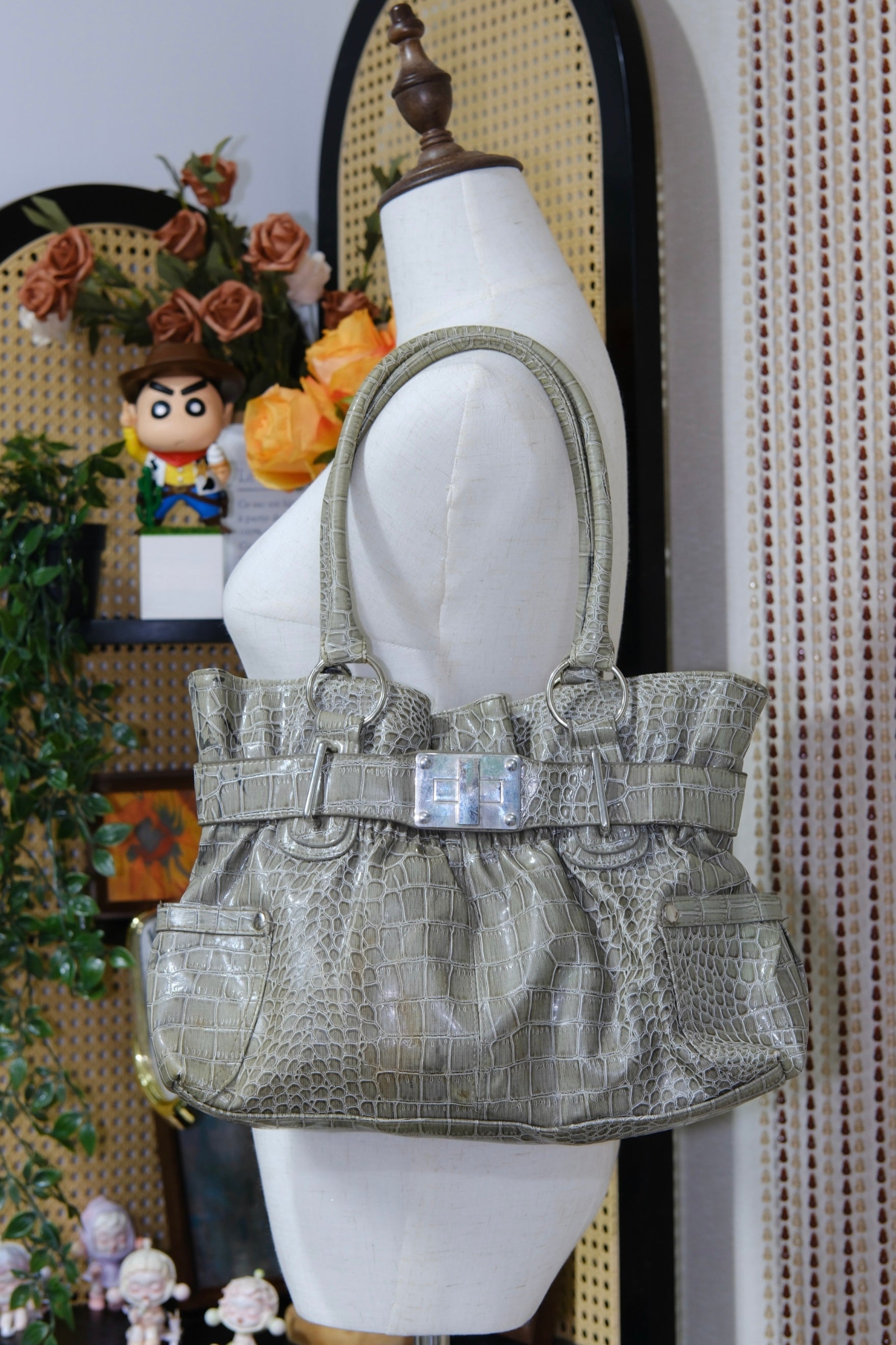 Sage Green Croc-Embossed Patent Leather Shoulder Bag
