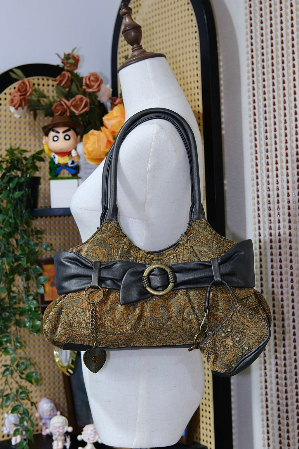 NINE WEST Brown Tapestry & Black Leather Bow Shoulder Bag