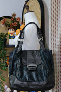 GUESS Black Croc-Embossed Leather Shoulder Tote Bag
