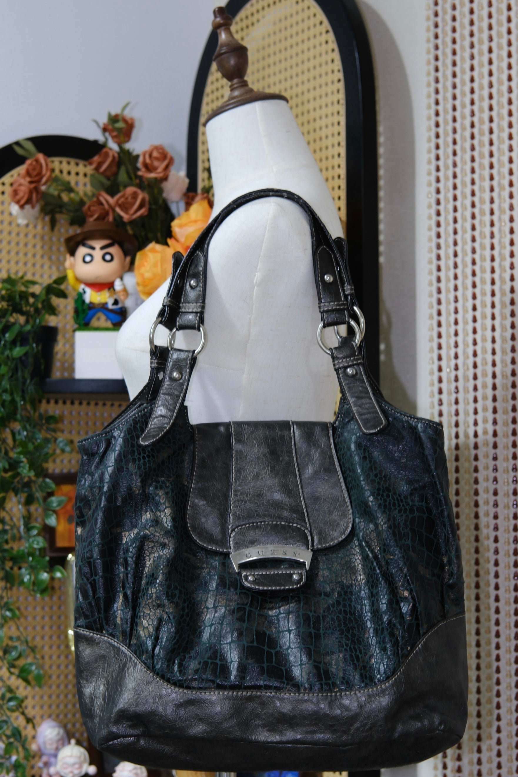 GUESS Black Croc-Embossed Leather Shoulder Tote Bag