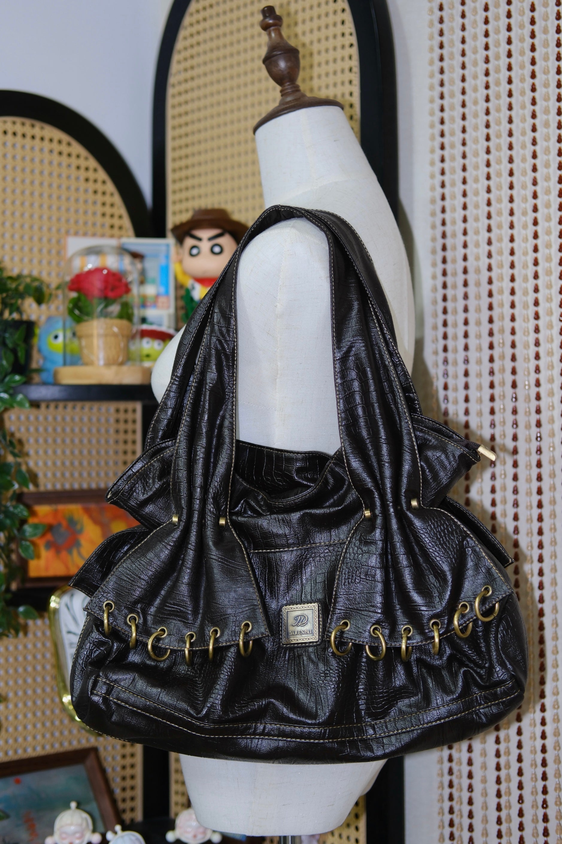 DARENPAI Dark Brown Croc-Embossed Leather Gold Eyelet Hobo Tote Bag