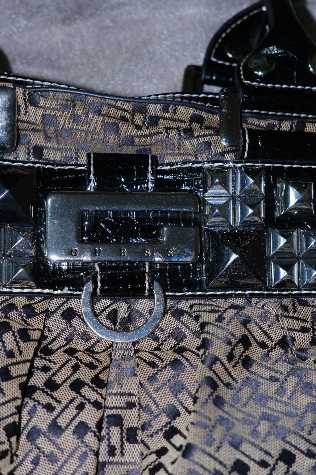 GUESS Beige & Black Monogram Jacquard Shoulder Bag