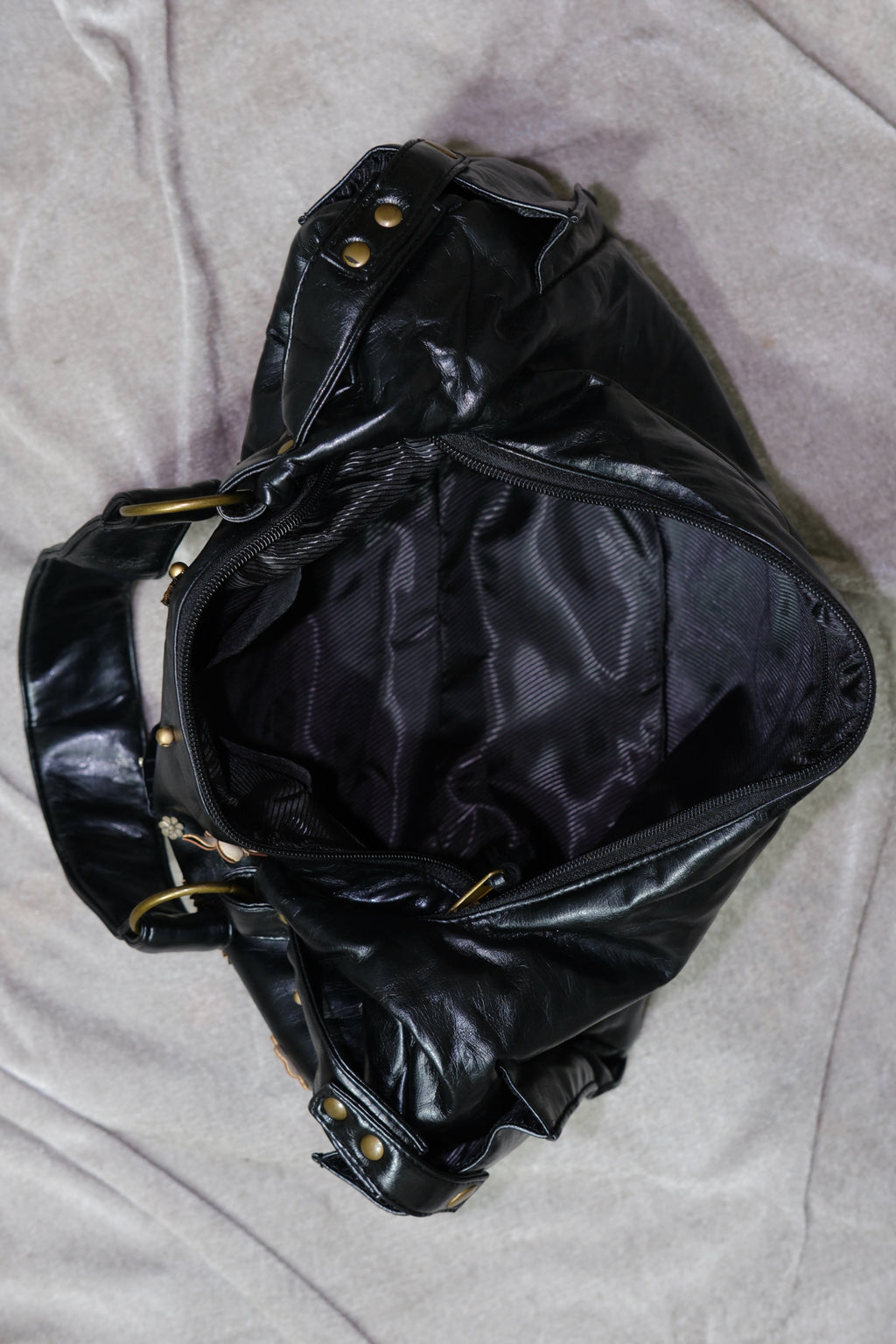 Black Leather Shoulder Bag with Leaf Rhinestone Details