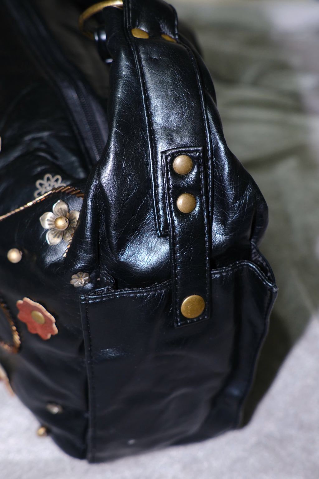 Black Leather Shoulder Bag with Leaf Rhinestone Details