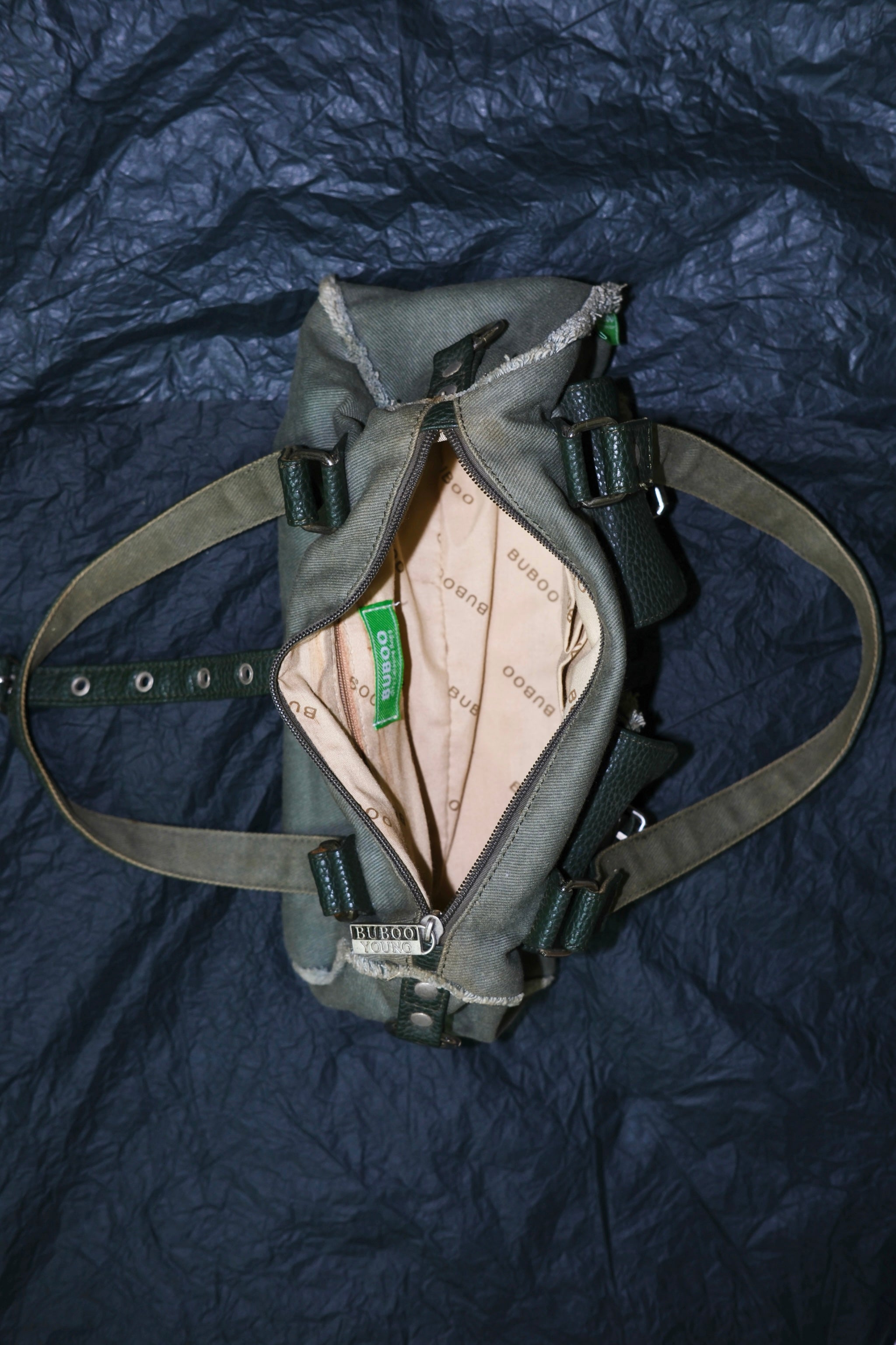 Dark Green Canvas & Leather Multi-Pocket Shoulder Bag