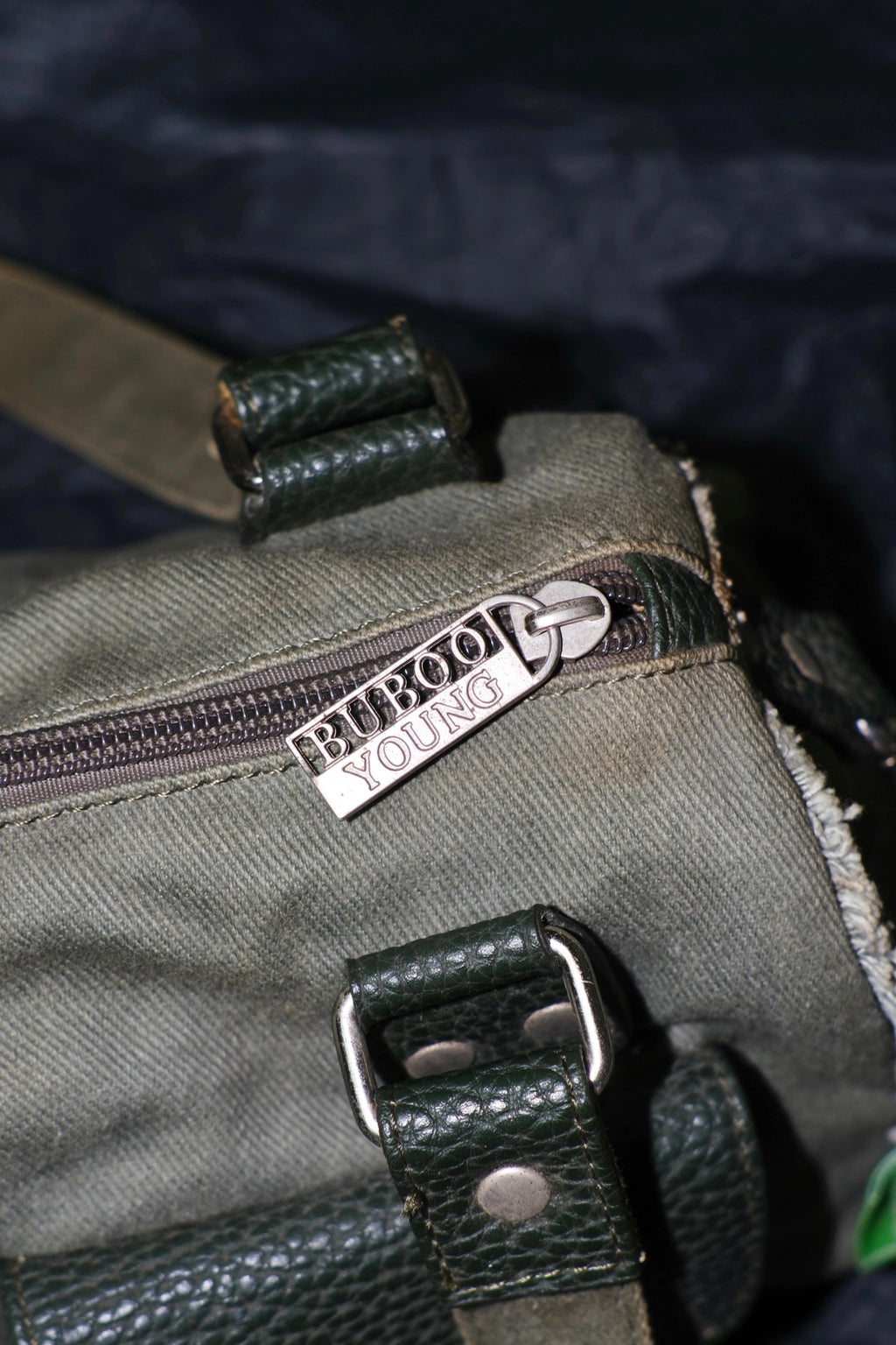 Dark Green Canvas & Leather Multi-Pocket Shoulder Bag