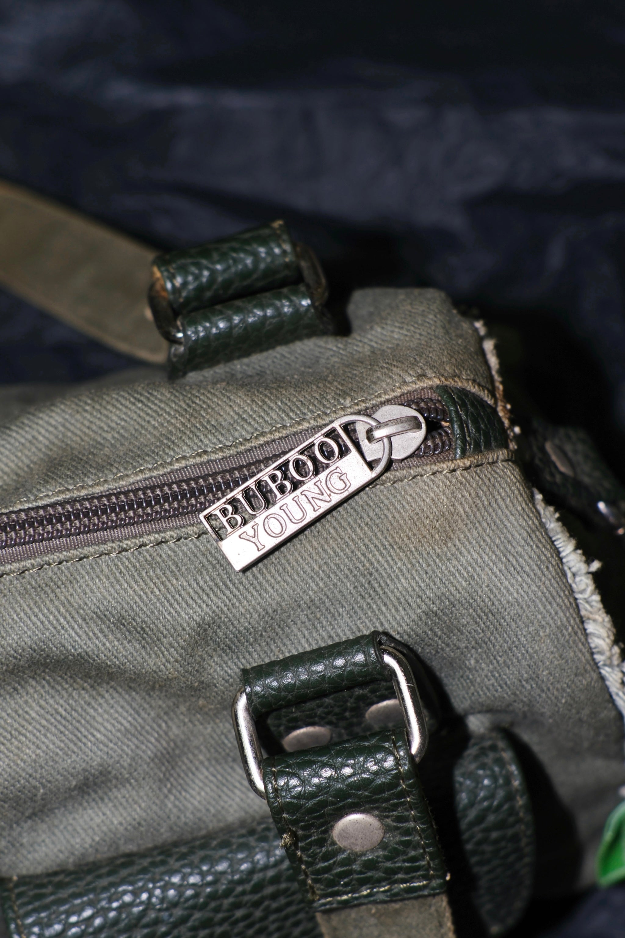 Dark Green Canvas & Leather Multi-Pocket Shoulder Bag