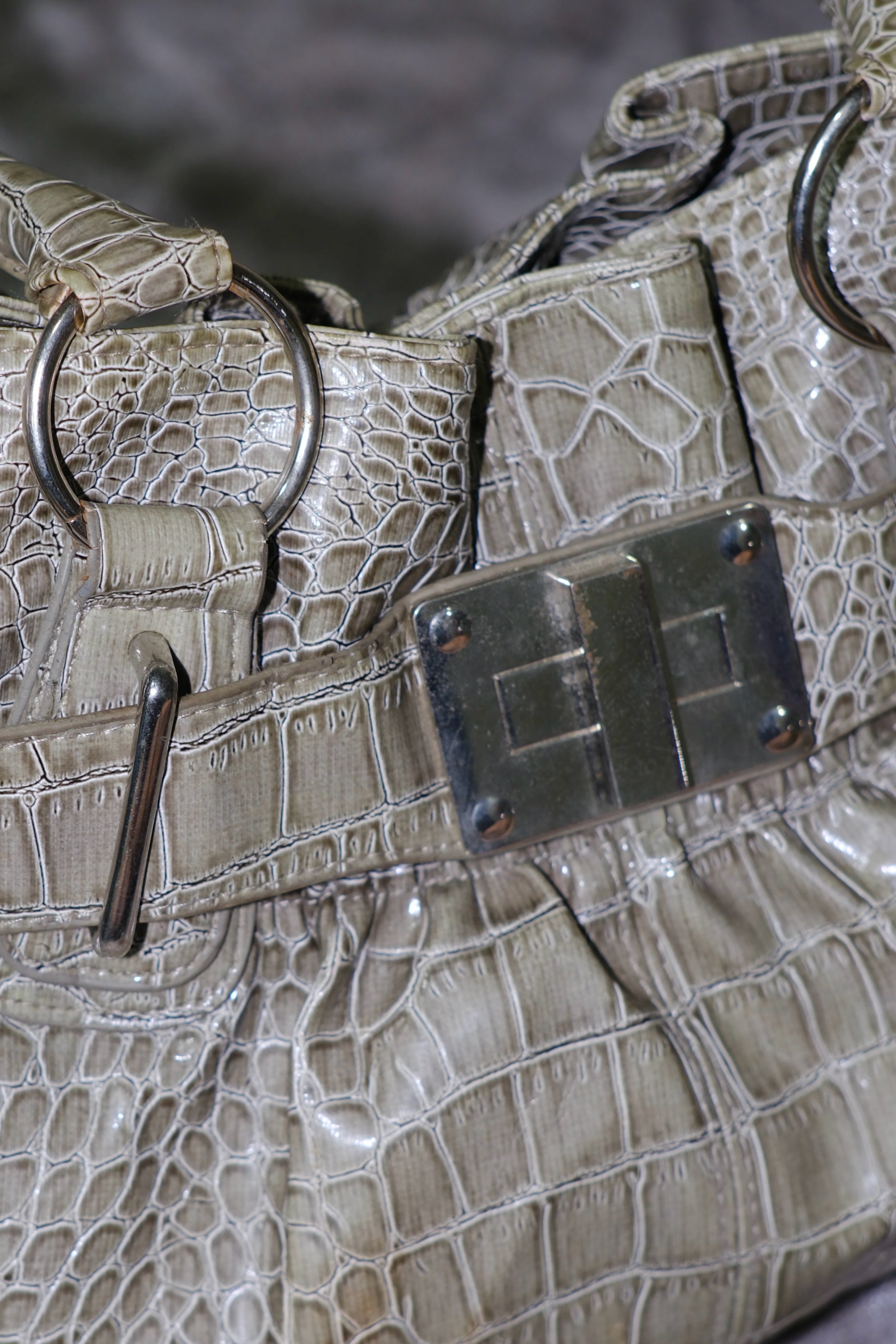 Sage Green Croc-Embossed Patent Leather Shoulder Bag