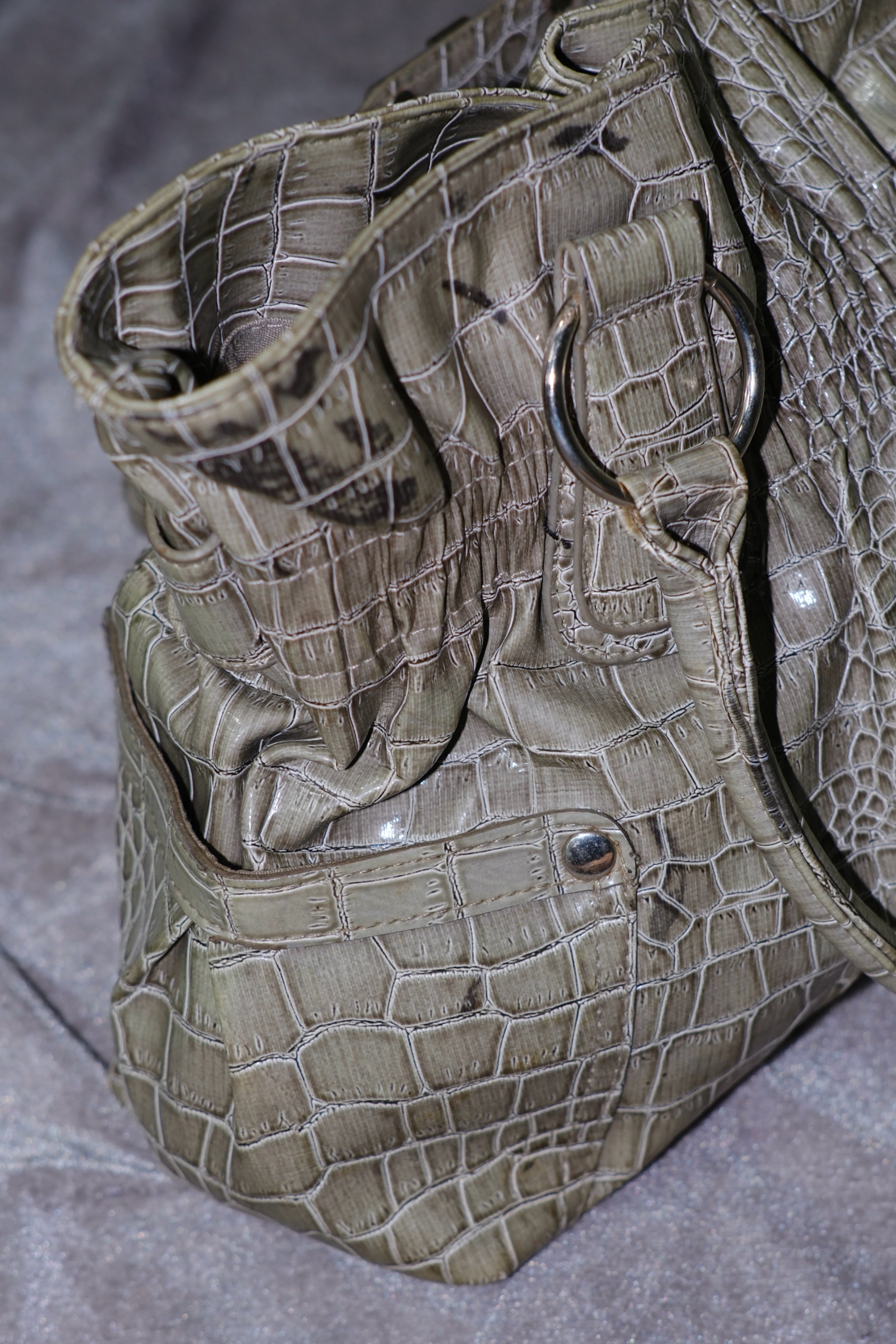 Sage Green Croc-Embossed Patent Leather Shoulder Bag