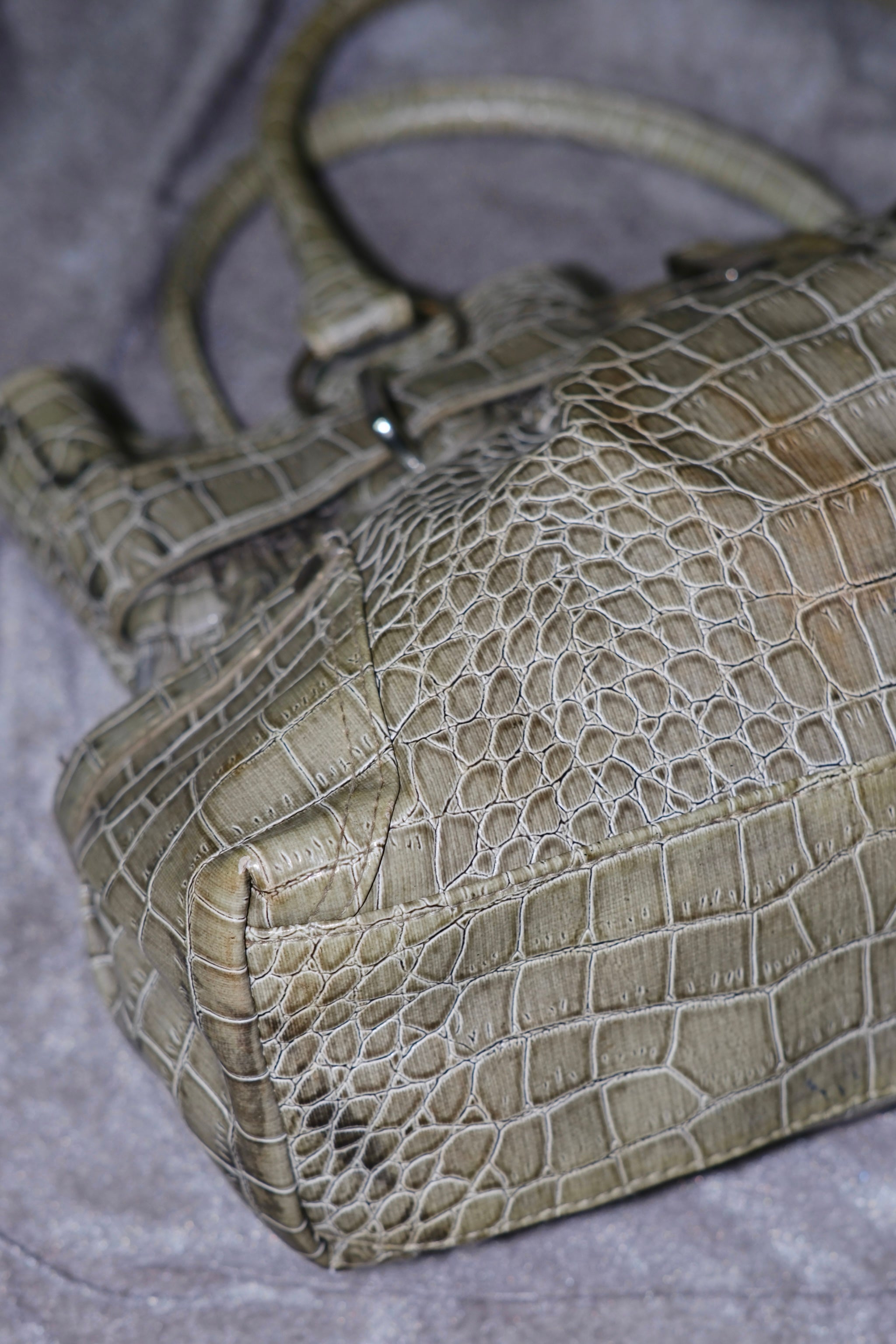 Sage Green Croc-Embossed Patent Leather Shoulder Bag