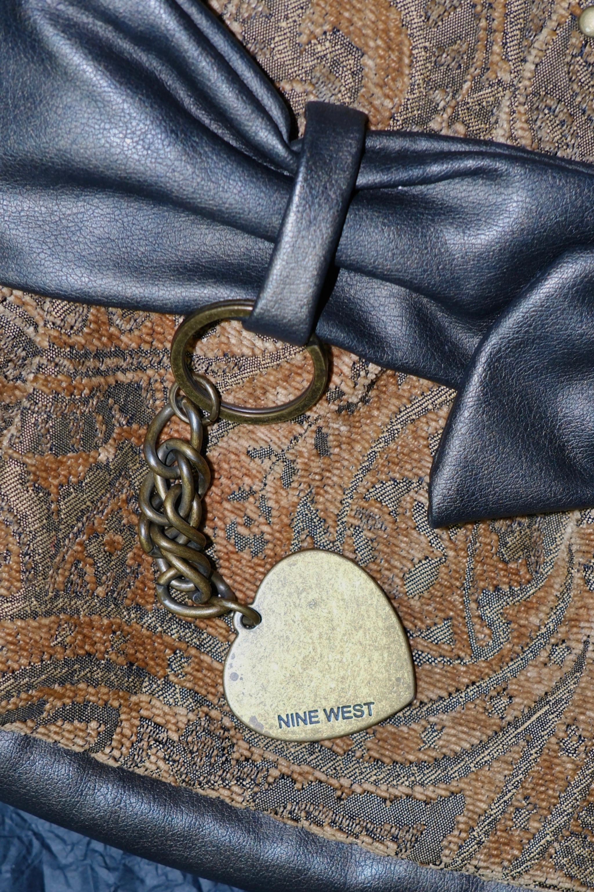 NINE WEST Brown Tapestry & Black Leather Bow Shoulder Bag