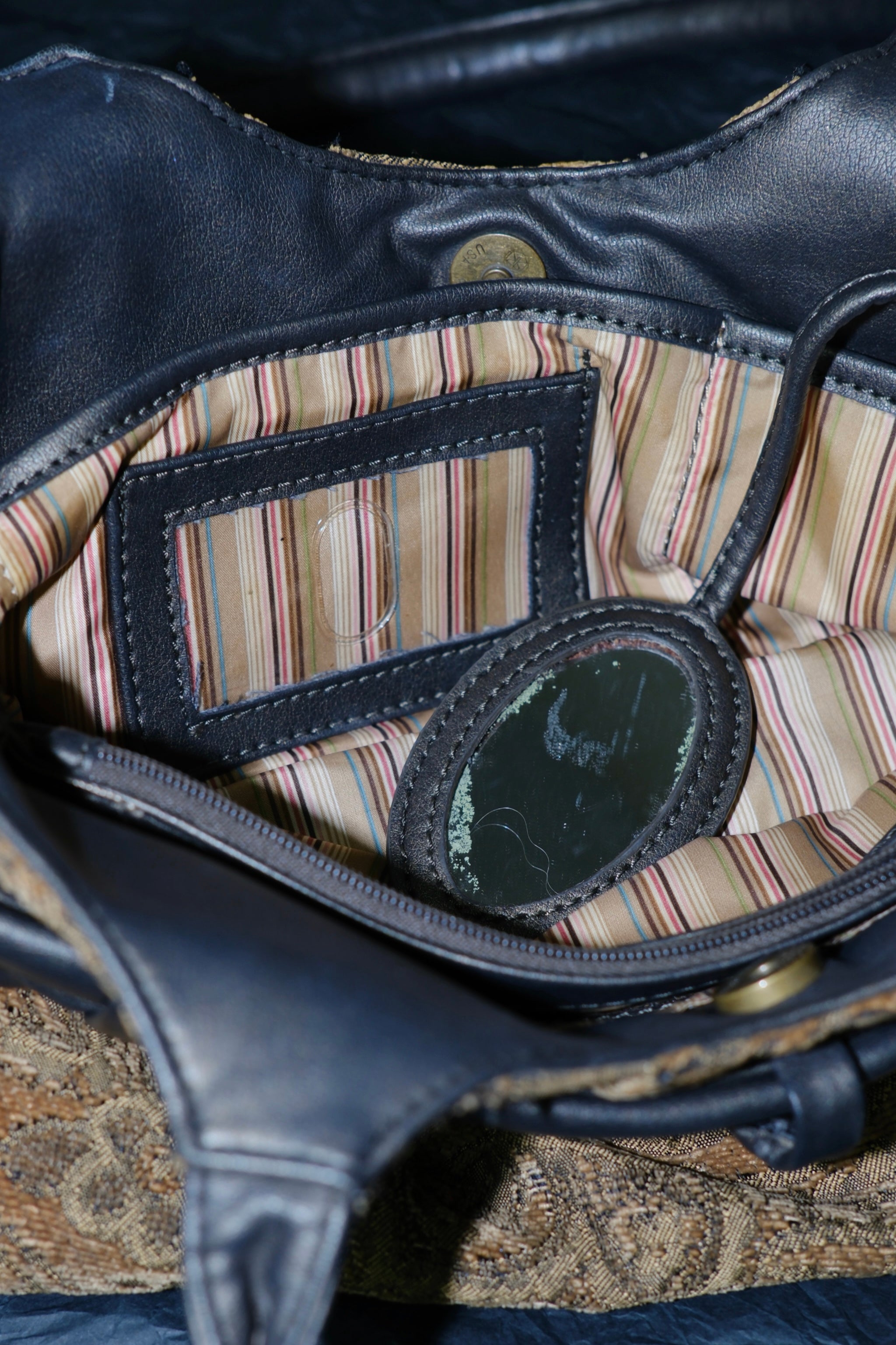 NINE WEST Brown Tapestry & Black Leather Bow Shoulder Bag