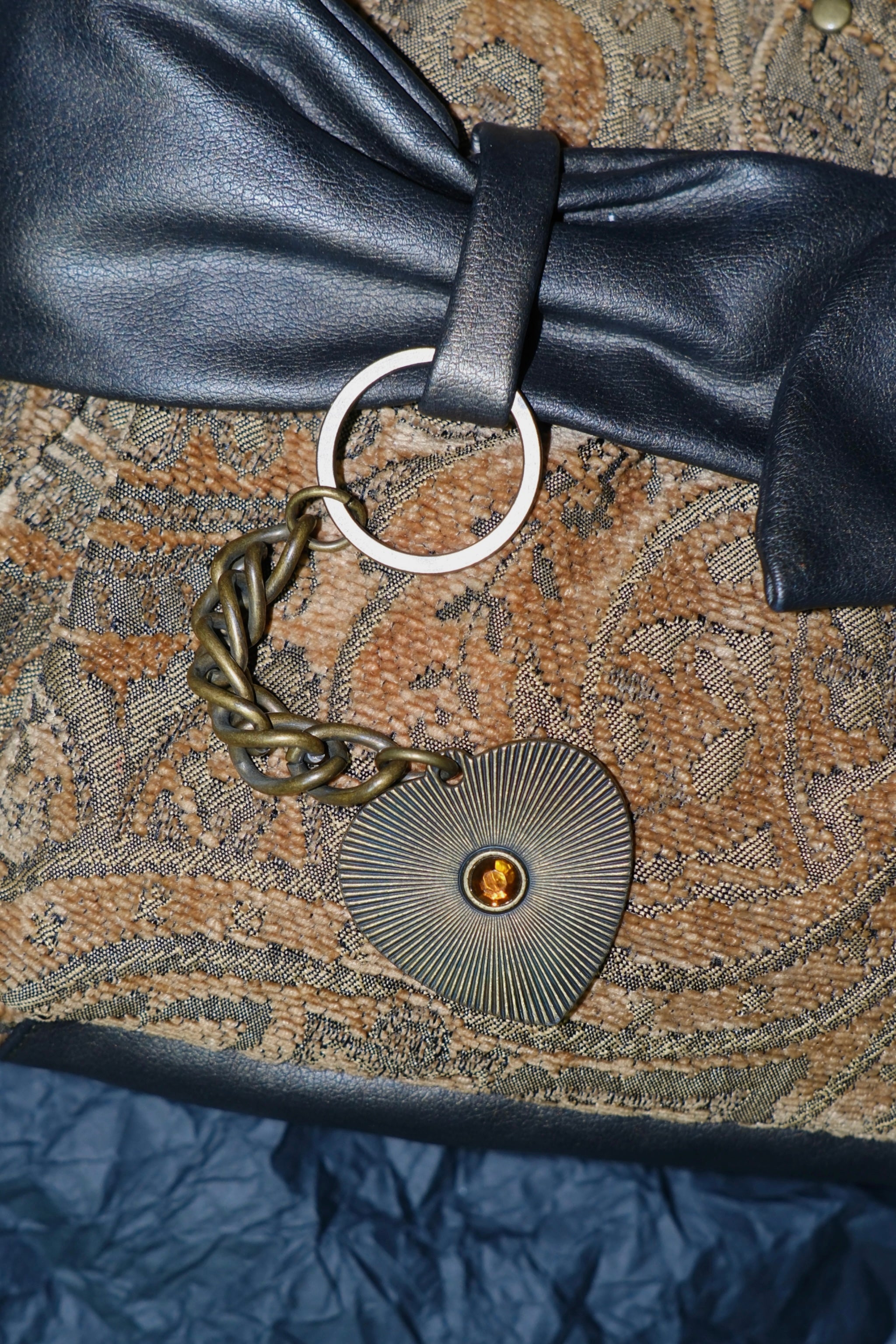NINE WEST Brown Tapestry & Black Leather Bow Shoulder Bag
