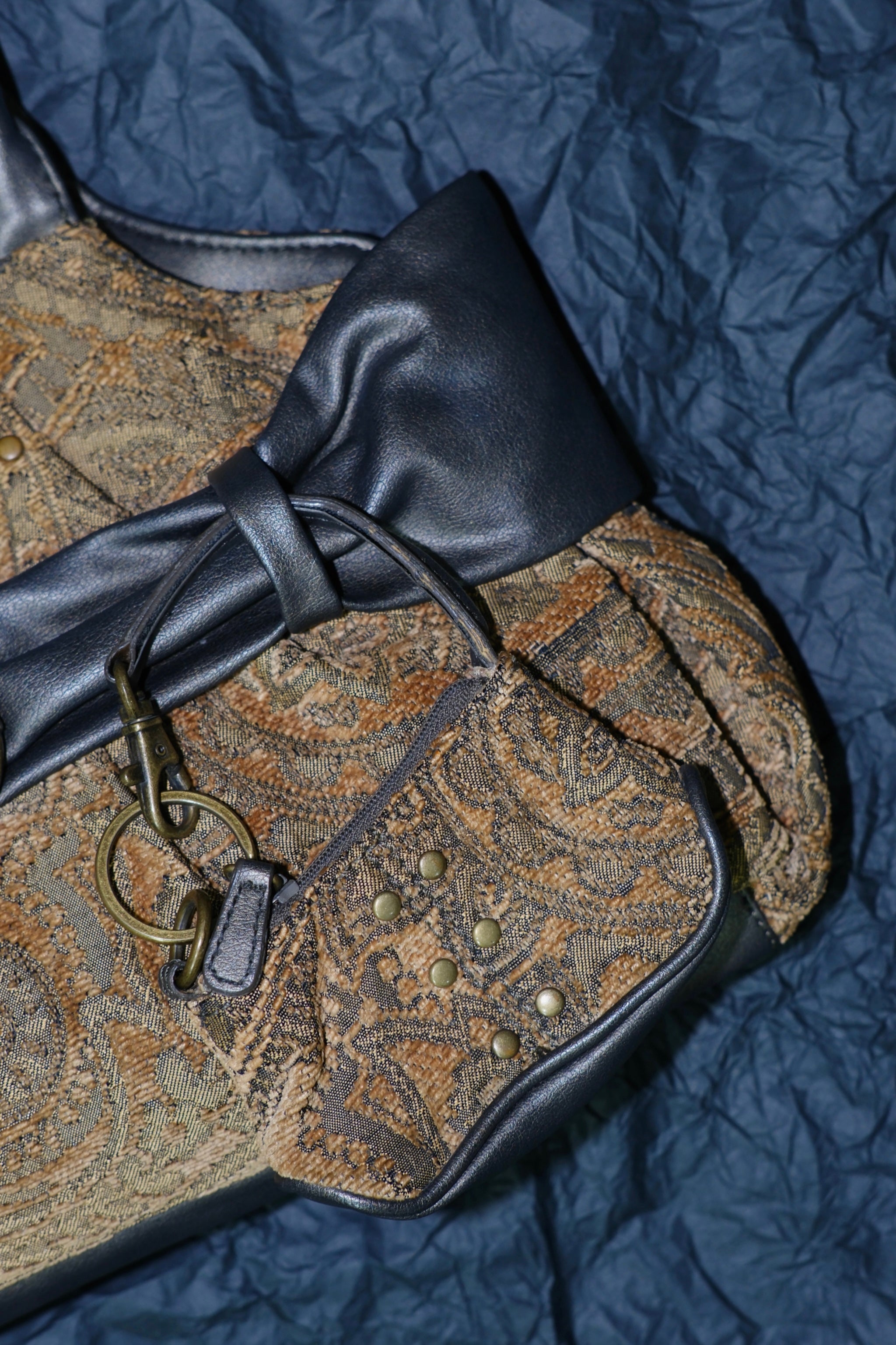 NINE WEST Brown Tapestry & Black Leather Bow Shoulder Bag