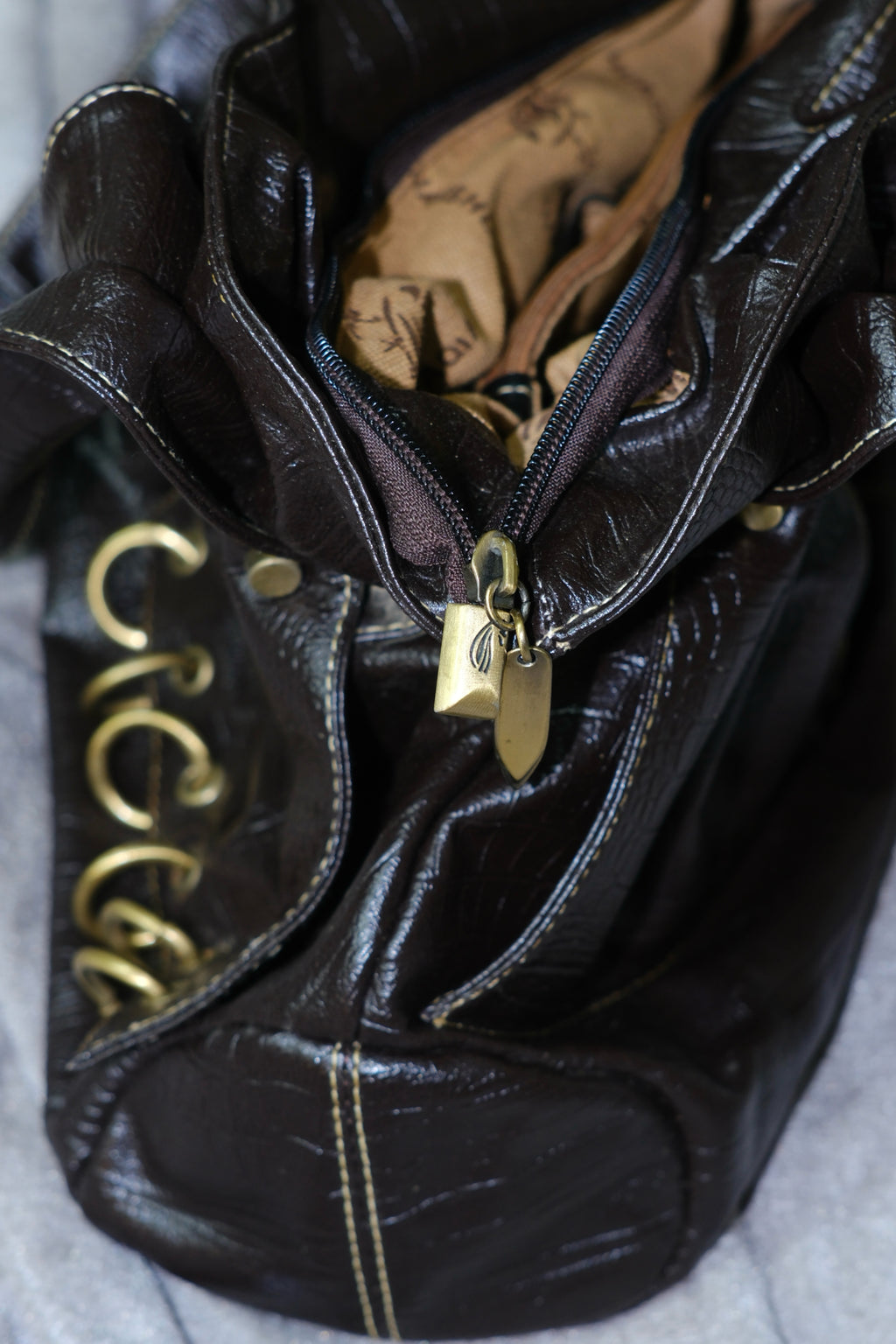 DARENPAI Dark Brown Croc-Embossed Leather Gold Eyelet Hobo Tote Bag
