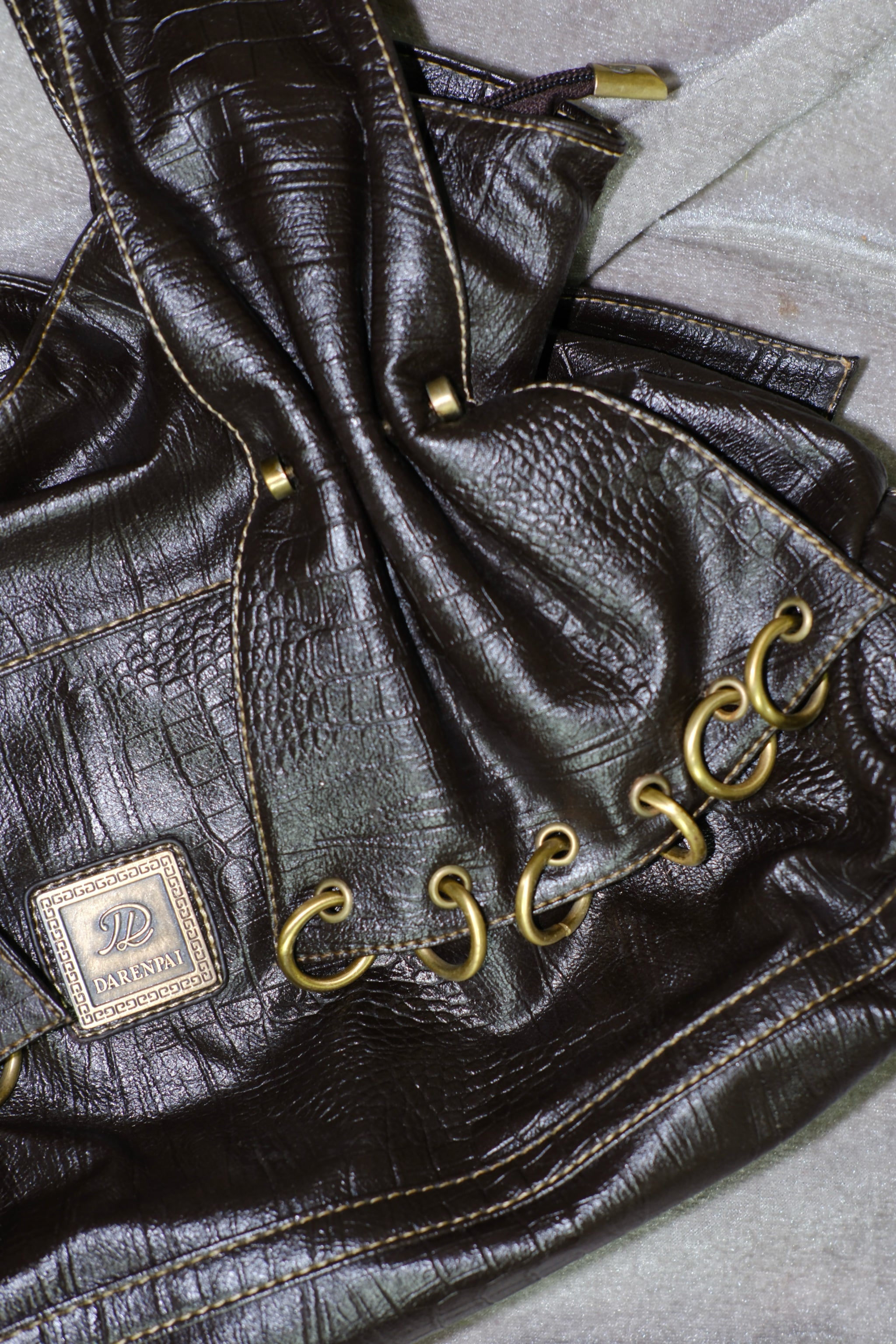 DARENPAI Dark Brown Croc-Embossed Leather Gold Eyelet Hobo Tote Bag