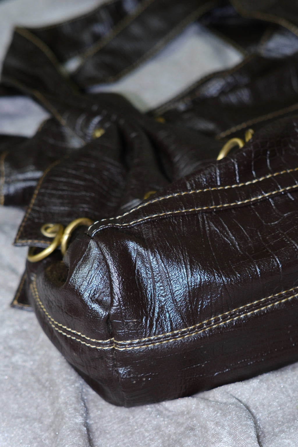 DARENPAI Dark Brown Croc-Embossed Leather Gold Eyelet Hobo Tote Bag
