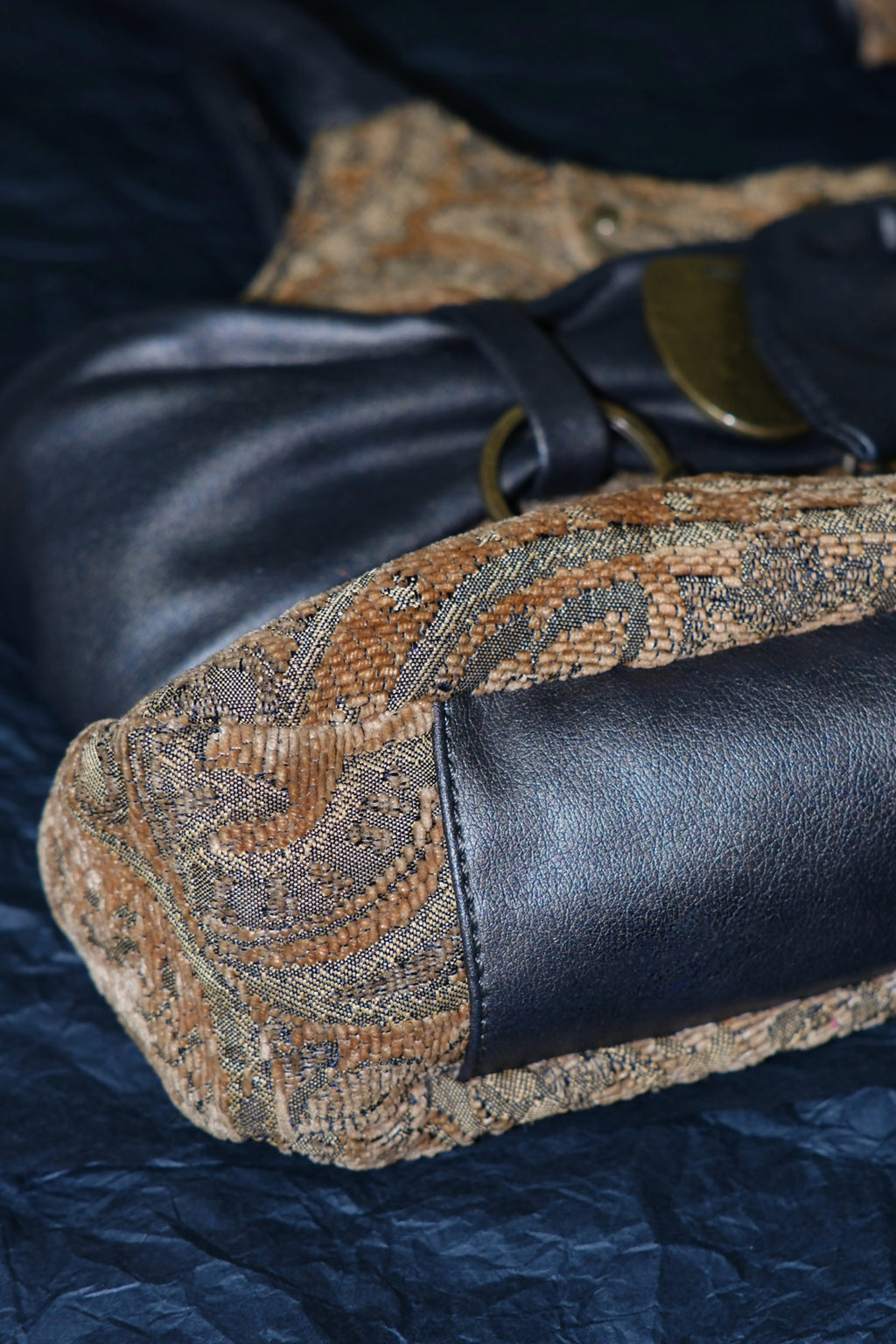 NINE WEST Brown Tapestry & Black Leather Bow Shoulder Bag
