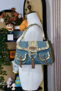 GUESS Blue Denim & Snake-Embossed Leather Shoulder Bag