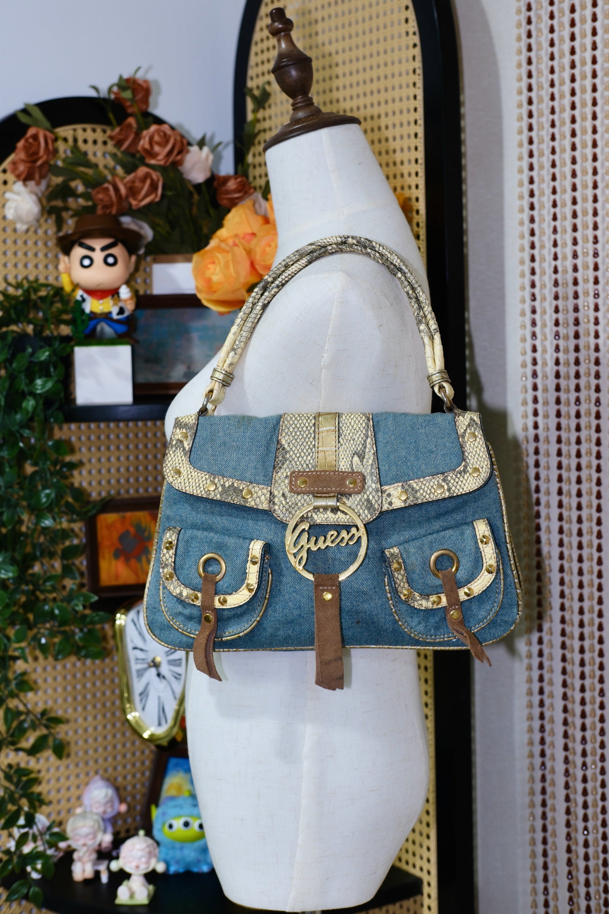 GUESS Blue Denim & Snake-Embossed Leather Shoulder Bag