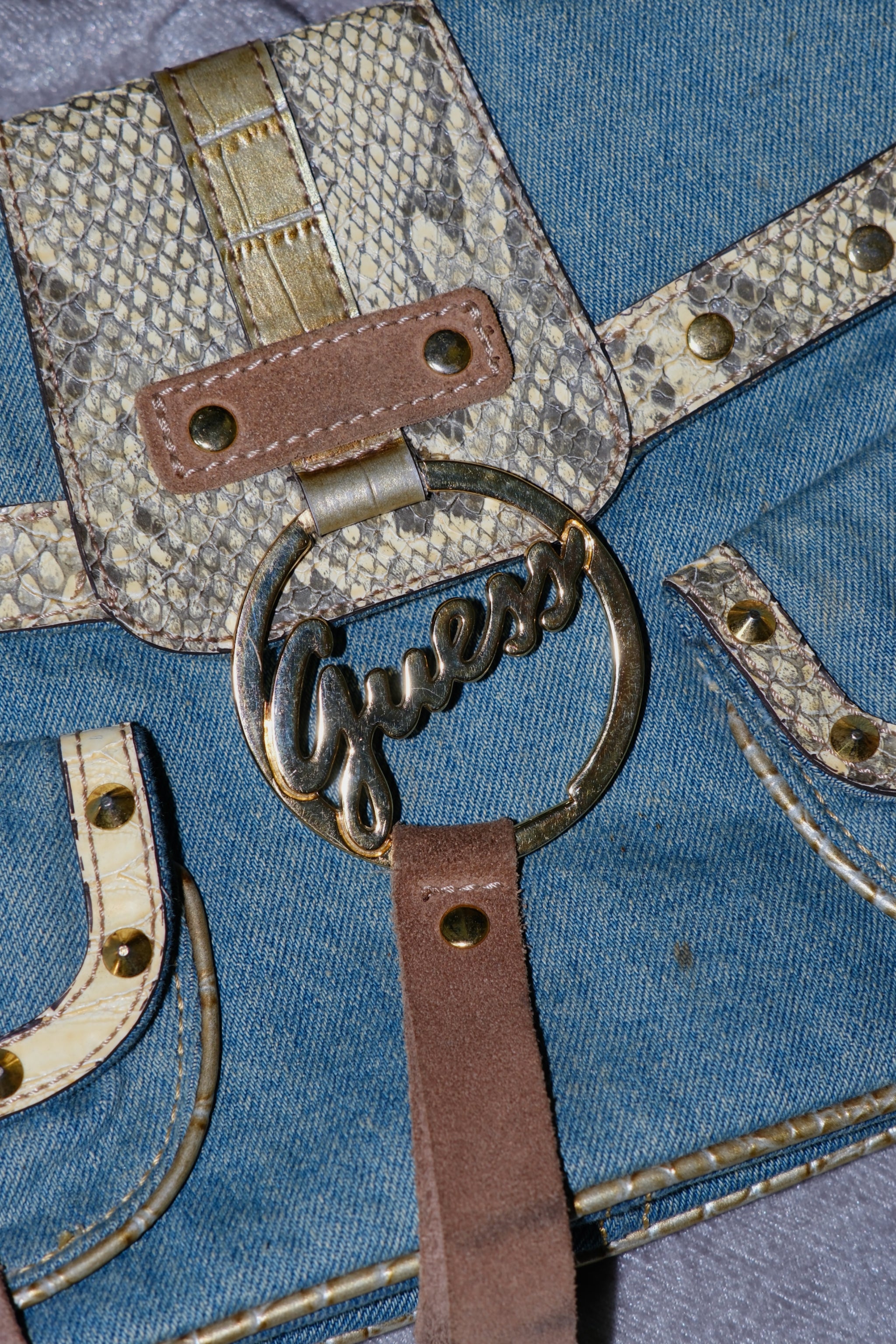 GUESS Blue Denim & Snake-Embossed Leather Shoulder Bag