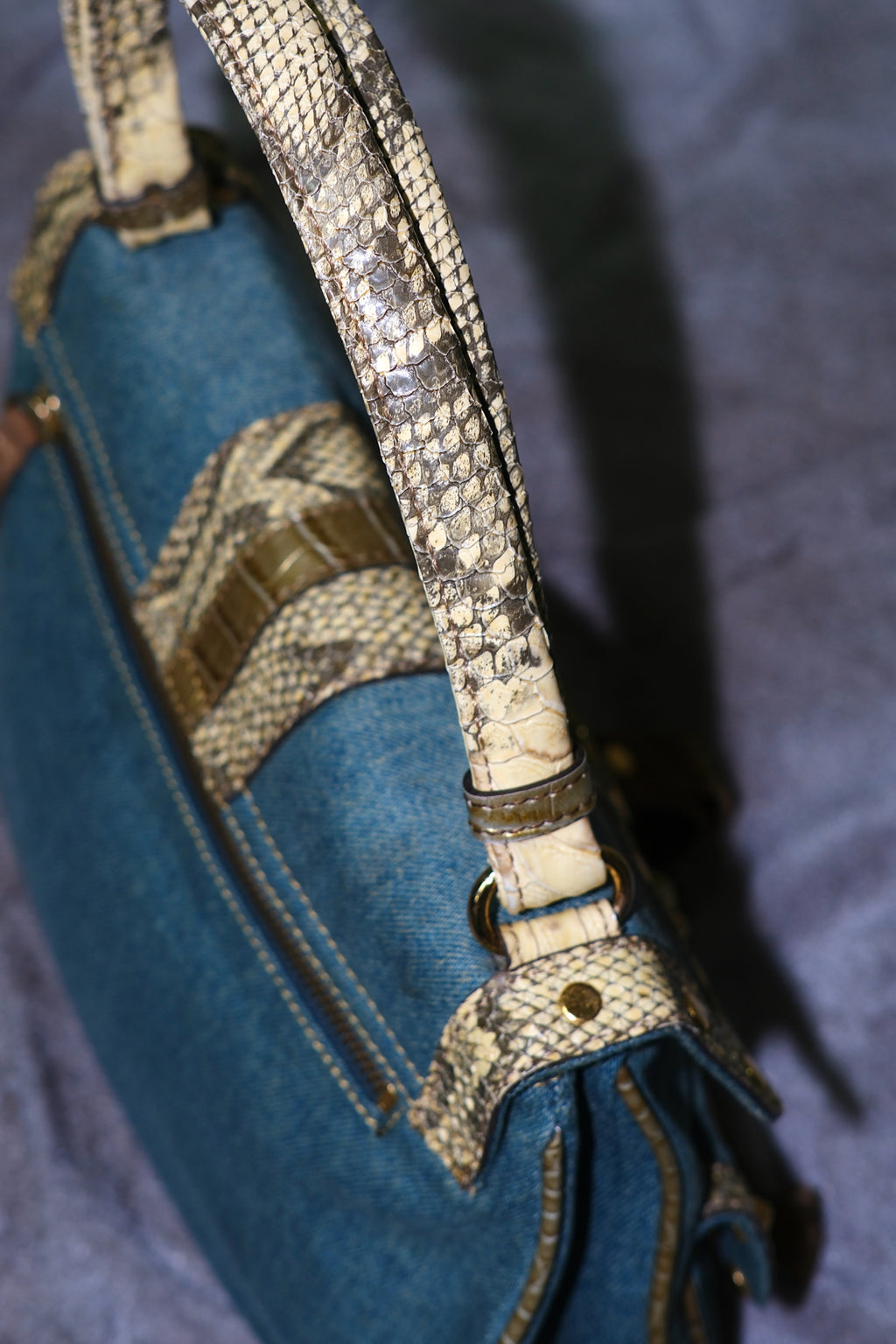 GUESS Blue Denim & Snake-Embossed Leather Shoulder Bag