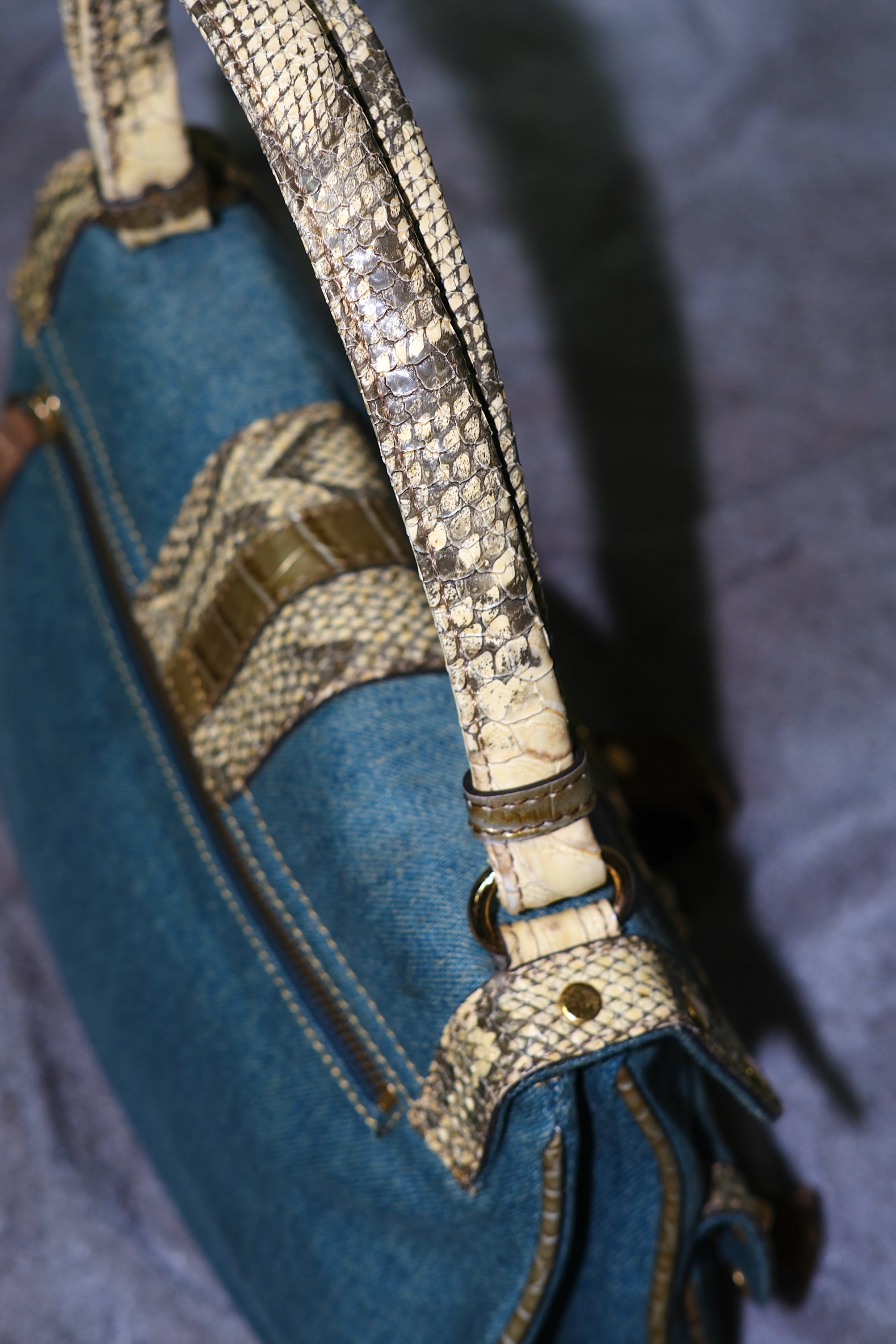 GUESS Blue Denim & Snake-Embossed Leather Shoulder Bag