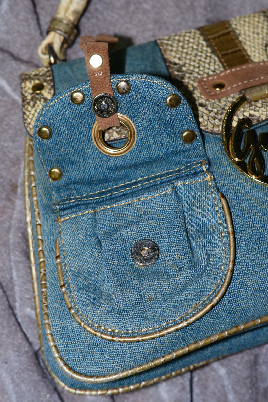 GUESS Blue Denim & Snake-Embossed Leather Shoulder Bag