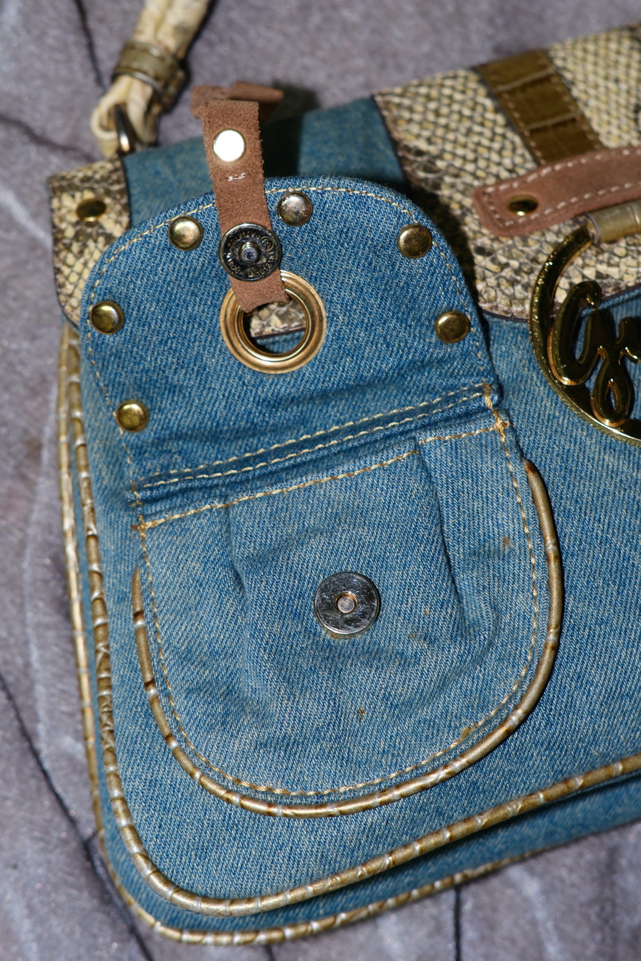 GUESS Blue Denim & Snake-Embossed Leather Shoulder Bag