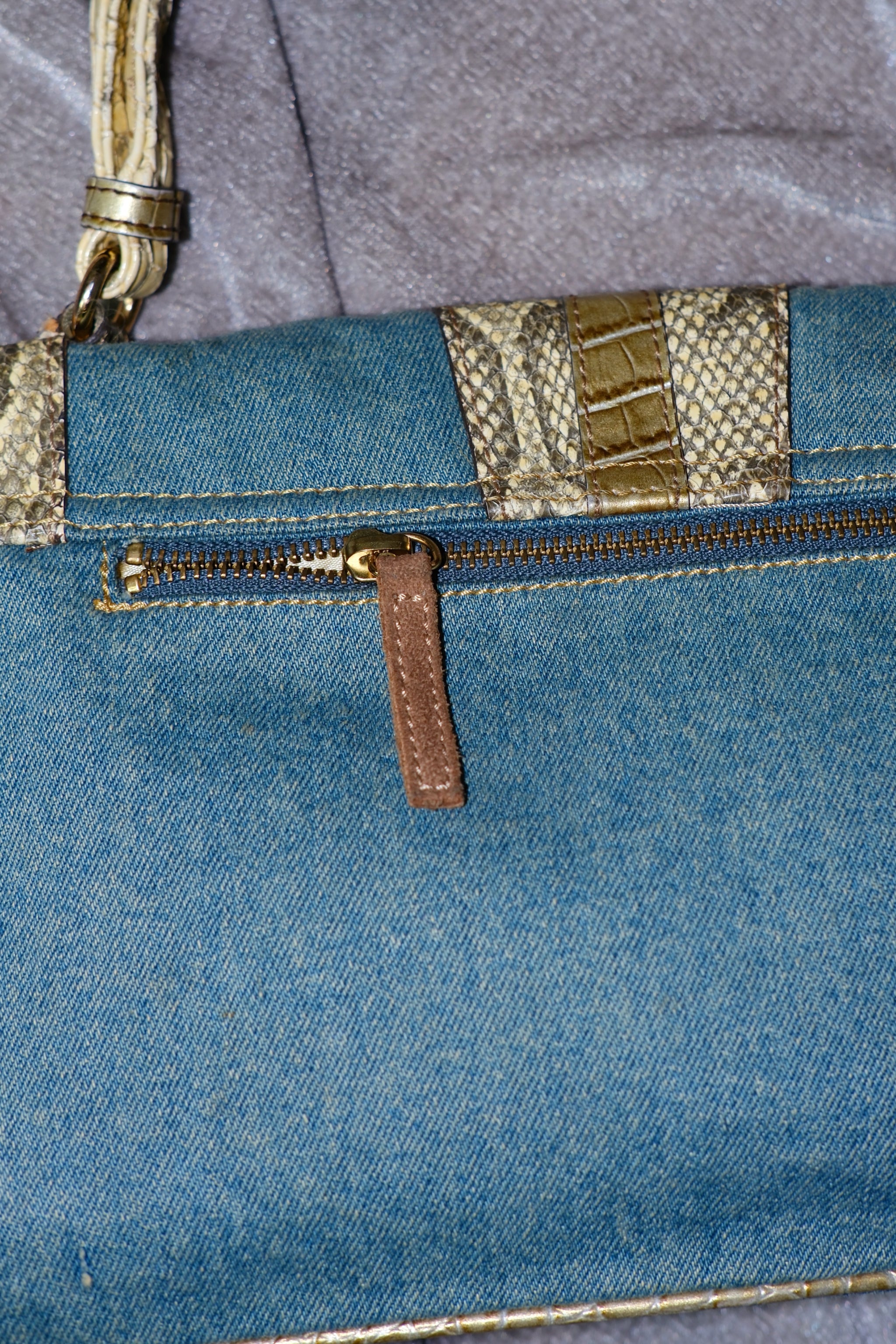 GUESS Blue Denim & Snake-Embossed Leather Shoulder Bag