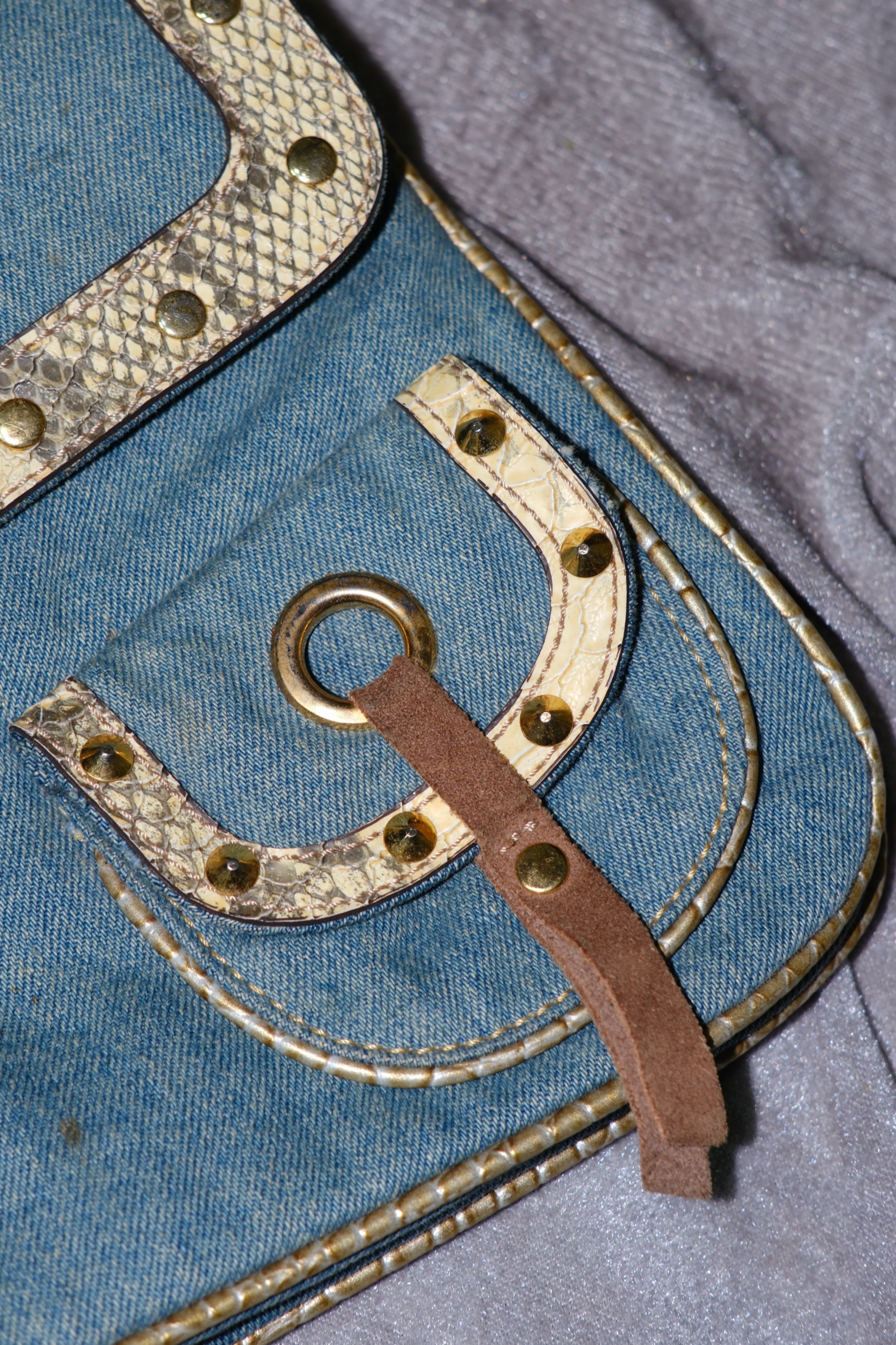 GUESS Blue Denim & Snake-Embossed Leather Shoulder Bag