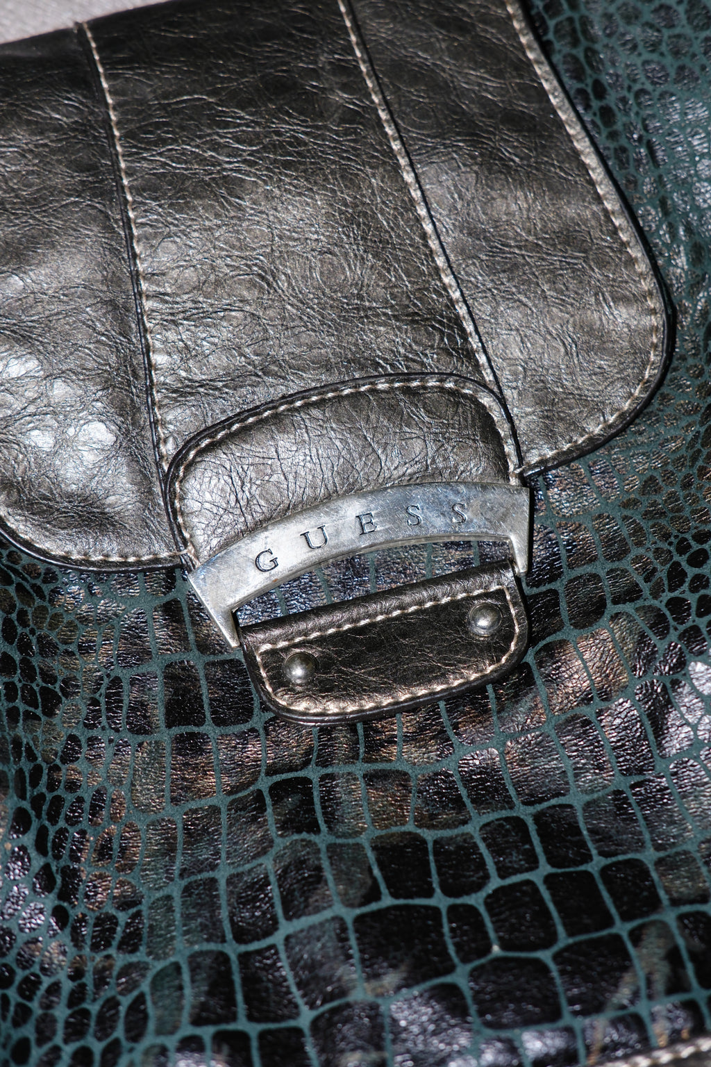 GUESS Black Croc-Embossed Leather Shoulder Tote Bag