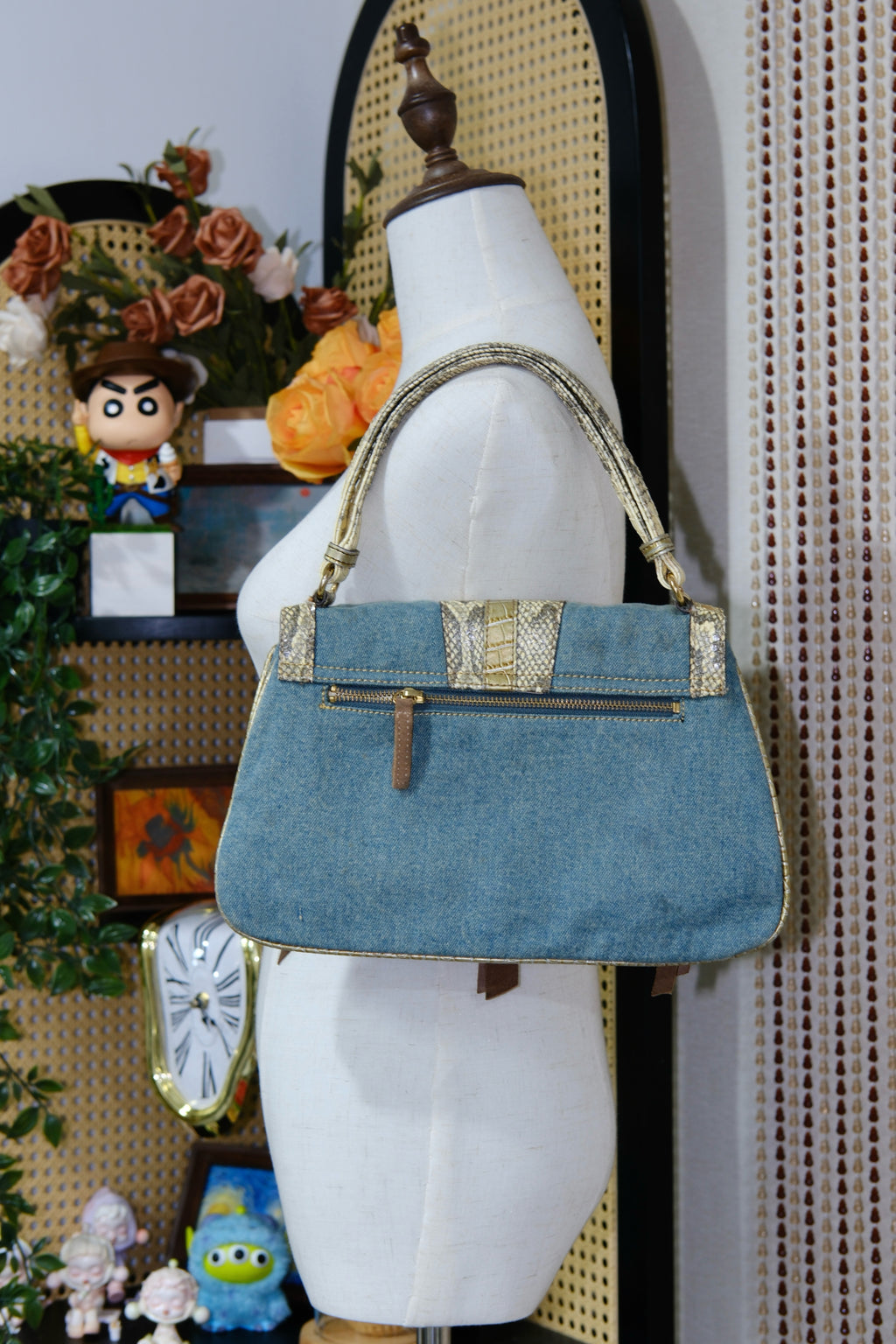 GUESS Blue Denim & Snake-Embossed Leather Shoulder Bag